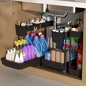 3 Pack Multi-Purpose Under Sink Organizers and Storage, 2025 L-Shaped Pull Out Cabinet Organizer for Bathroom & Kitchen, Under Cabinet Organizer with Hooks Hanging Cup, Black