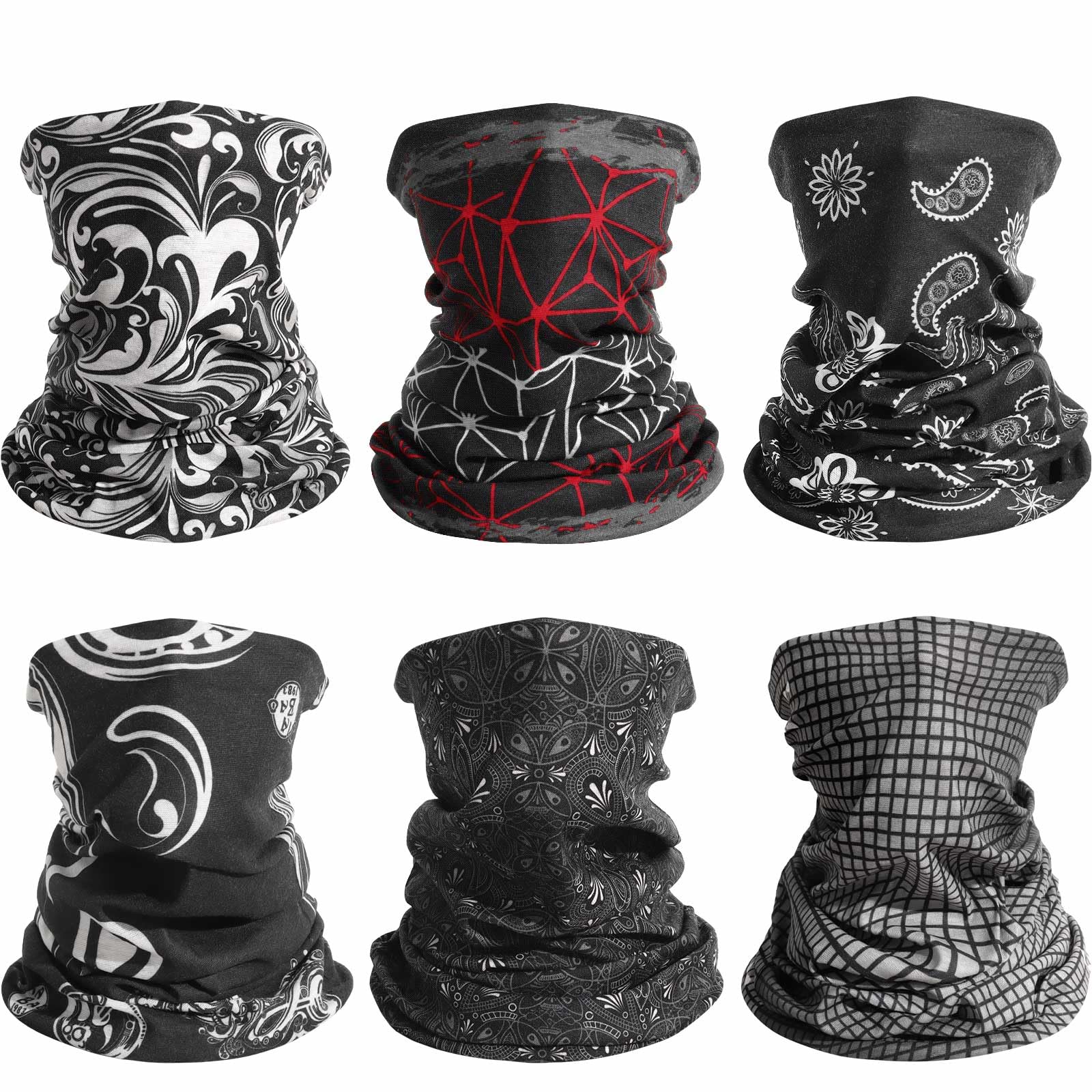 Awumbuk6 Pack Multifunctional Headwear Bandana Unisex Face Covering, Windproof Sneck Scarf Thin Snoods for Men & Women Face Masks Neck Gaiter for Cycling Sports Running Hiking Outing