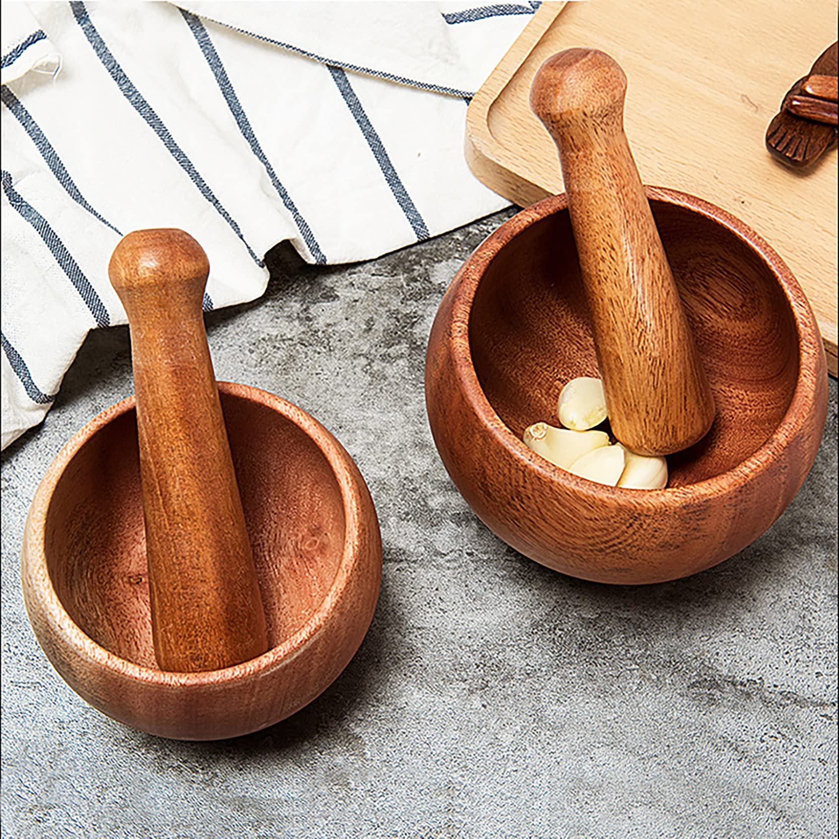 UPTALY Set Of 2 Natural Wood Mortar & Pestle - Sapele Wood, Small & Large, Manual Grinder For Spices & Garlic - View #2