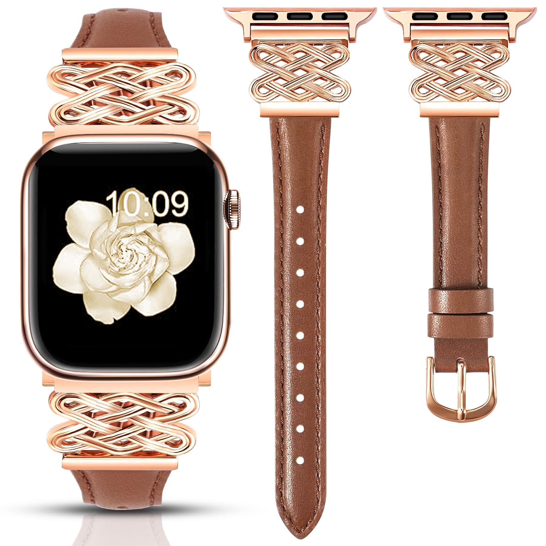 Newlibery Leather Band for Women Slim Dressy Bands Compatible with Apple Watch 38mm 40mm 41mm 42mm 44mm 45mm 49mm, Designer Interlock Buckle Strap for