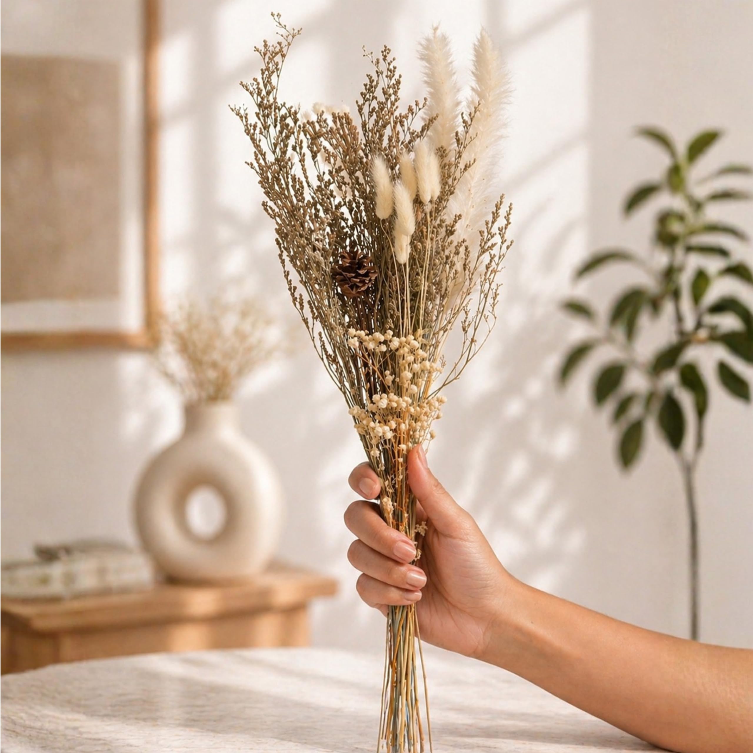 Natural Dried Flower Bouquet with Pampas & Bunny Tails – Real Dry Flowers for Home Décor, Rustic Boho Arrangement for Vase, Table Styling, Wedding & Event Decoration, 29 Inch-image-26