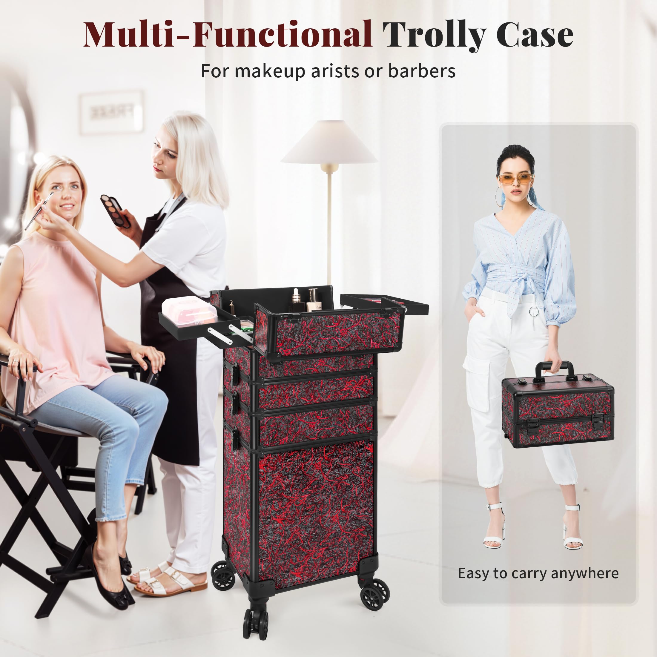 Arous 5-in-1-Kosmetik-Trolley mit Rollen, Abschließbar, für Friseure, Künstler, Reisen, Nägel, Rot, Make-up-Tasche zum Rollen