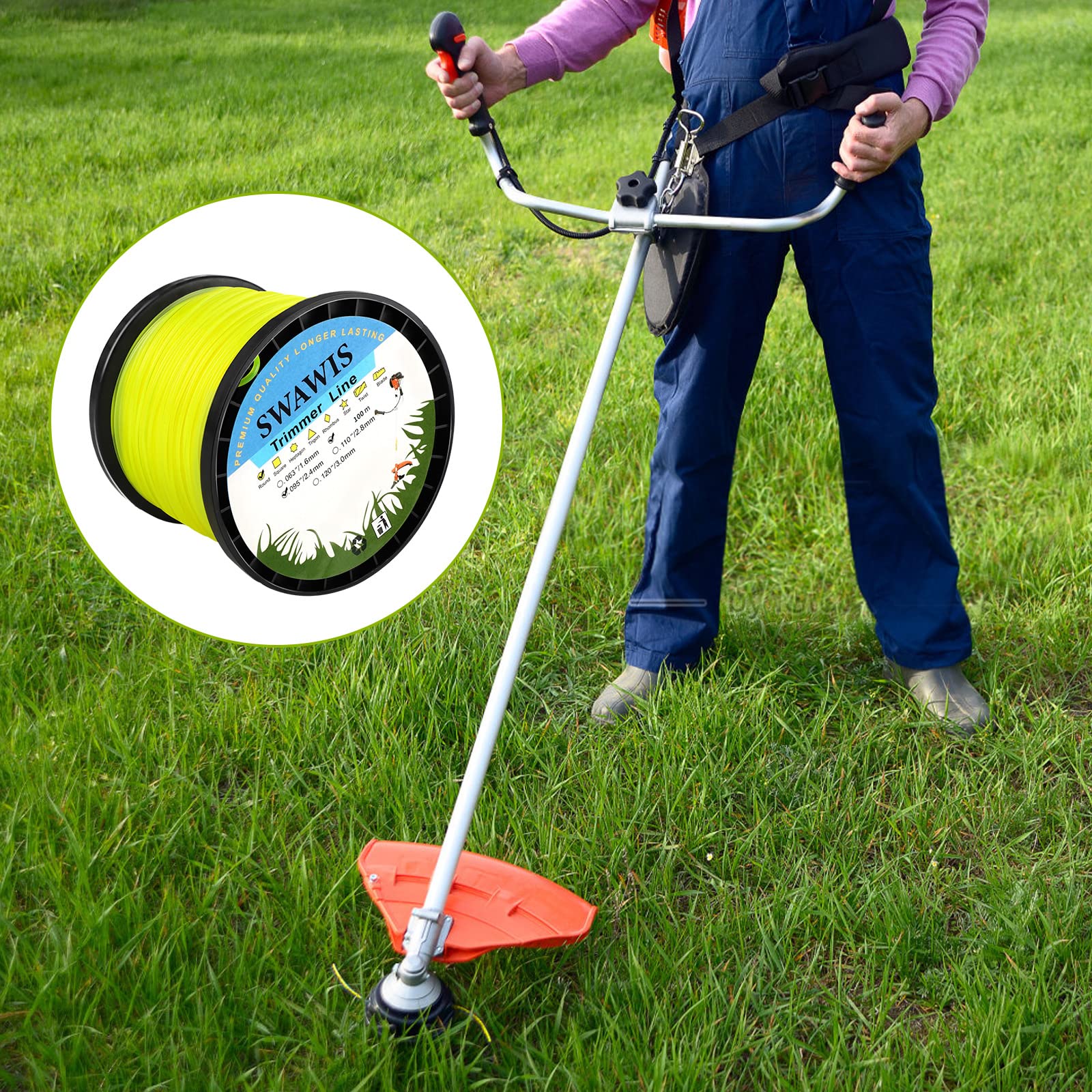 SWAWIS Trimmerdraad, reservefraden, grastrimmer, 2,4 mm/100 m, grasmaaierdraad, reserve trimmer, lijn, nylondraad, bosmaaier, trimmersnoer voor wiet gras tuin of tuin, geel