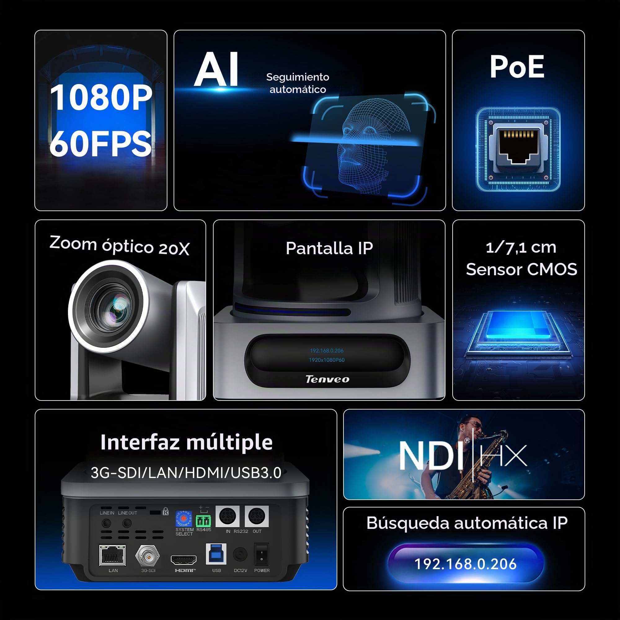 Tenveo Cámara PTZ con NDI, Seguimiento Automático de Rostro y Silueta Humana con IA, Zoom Óptico 20X, Transmisión en Vivo con 3G-SDI/HDMI/USB3.0/LAN(PoE), Luz Tally y Pantalla IP
