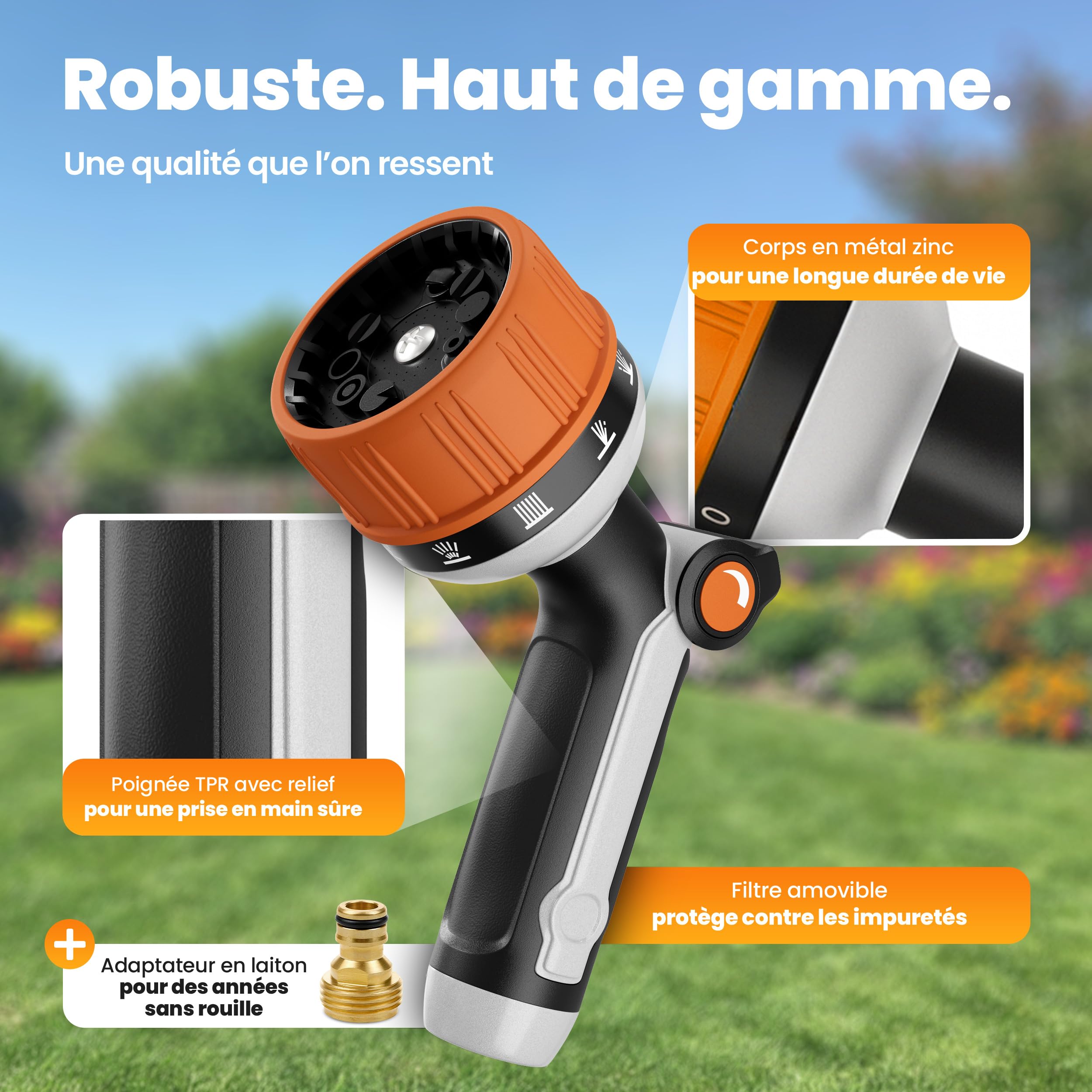 rainfactory pistolet arrosage - douchette jardin multifonction avec 10 modes de pulvérisation, haute pression et poignée ergonomique - lance arrosage avec embout tuyau 3/4" en laiton