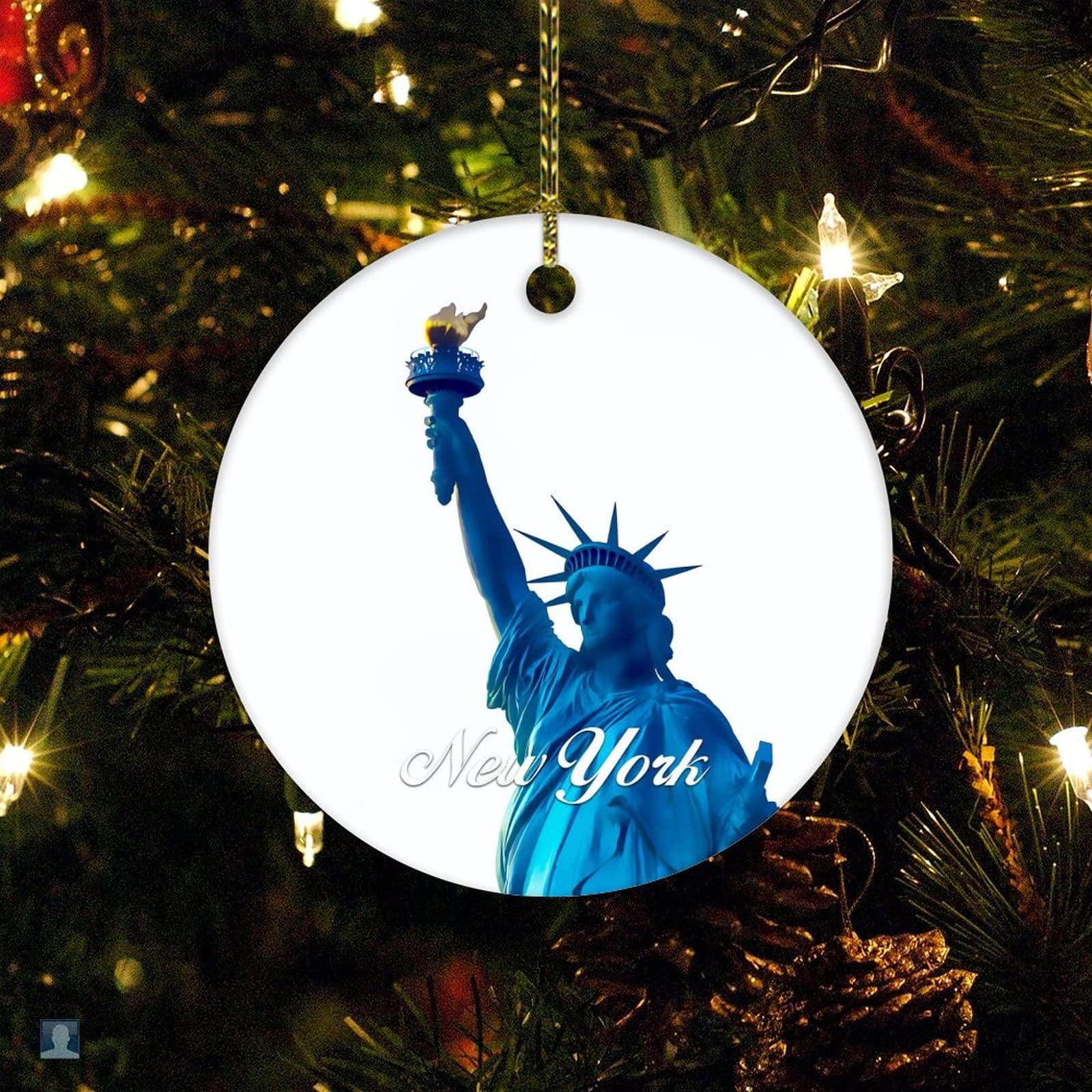 White Christmas Ceramic Ornament Building Skyline Ornament Keepsake Holiday Present New York Cityscape Statue Liberty Christmas Ornament Xmas Tree Decorations Flat Circle Ceramic Ornament 3 Inch