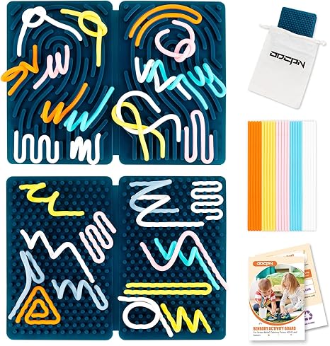 Sensory Activity Board, Four-Sided Silicone Sensory Fidget Toy, Promotes Parent-Child, Suitable for Autism, Calming, ADHD, Great for Children 3+ & Adults, Includes Portable Travel Bag and 25 Strings