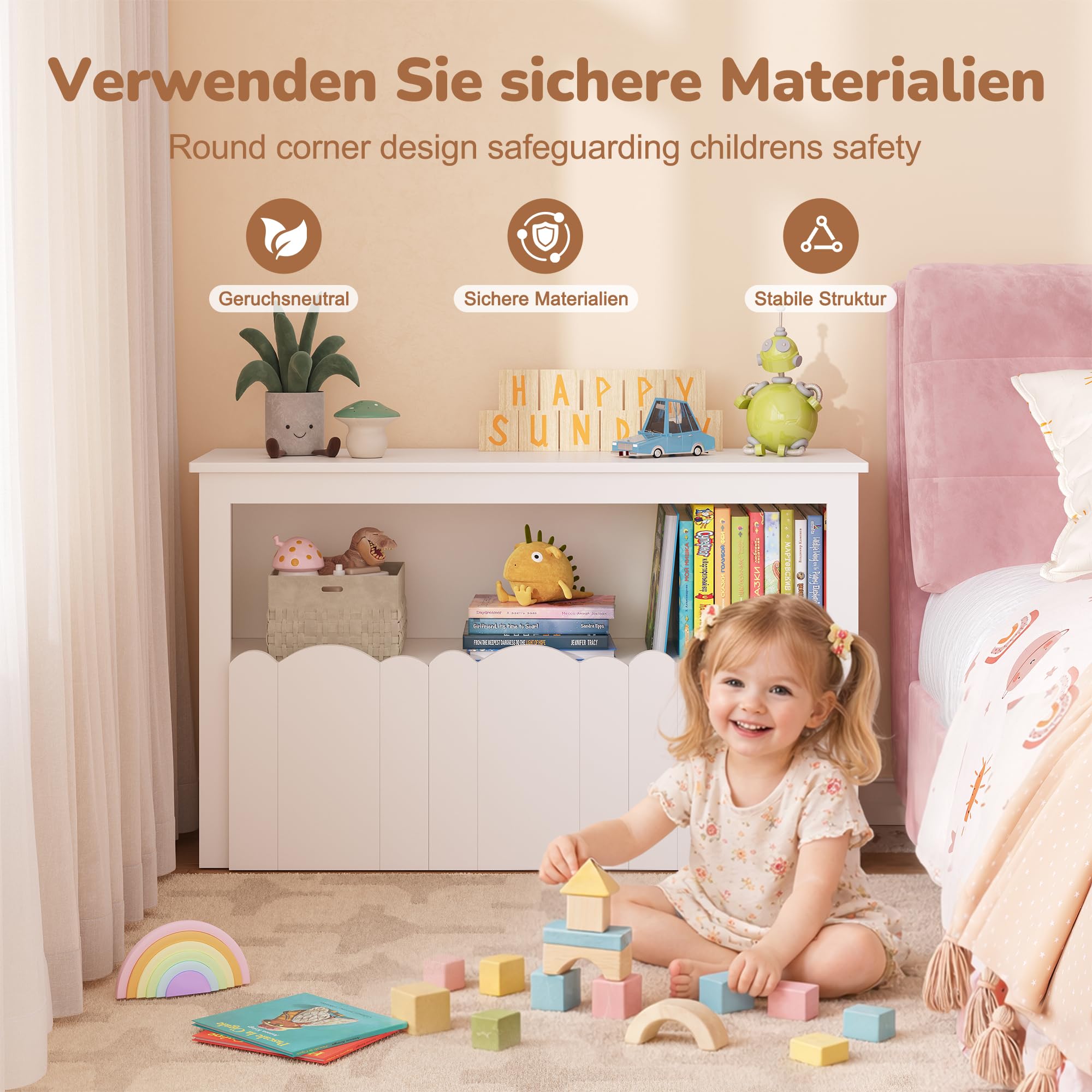 YOUDENOVA Kinderregal, Kinderzimmer Möbel mit 3 Boxen, Spielzeug Aufbewahrung auf Rollen, 102,2x33x61,5 cm, Aufbewahrung Kinderzimmer für Bilderbücher, Geschichtenbücher und Spielzeug, Weiß