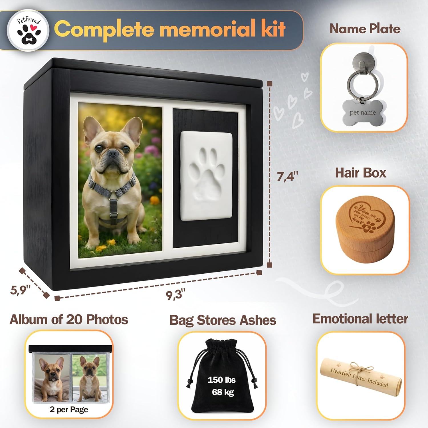 Pet Urns for Dogs & Cats | Black Bamboo Pet Cremation Box with Hair Keepsake Case | Dog Ashes Urn Set with Paw Print Kit | Photo Album & ID Plate | Pet Memorial for Dogs or Cats up to 150 lbs