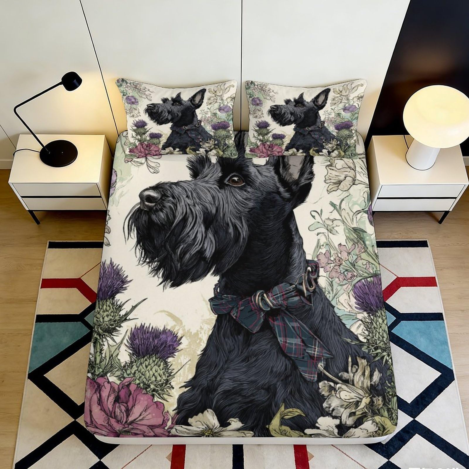 3D Printed Scottish Terrier Fitted Sheet Microfiber Deep Pocket Non-Slip Bedroom Bedding Scottish Dog Mattress Fitted Cover Washable 160x200x25cm