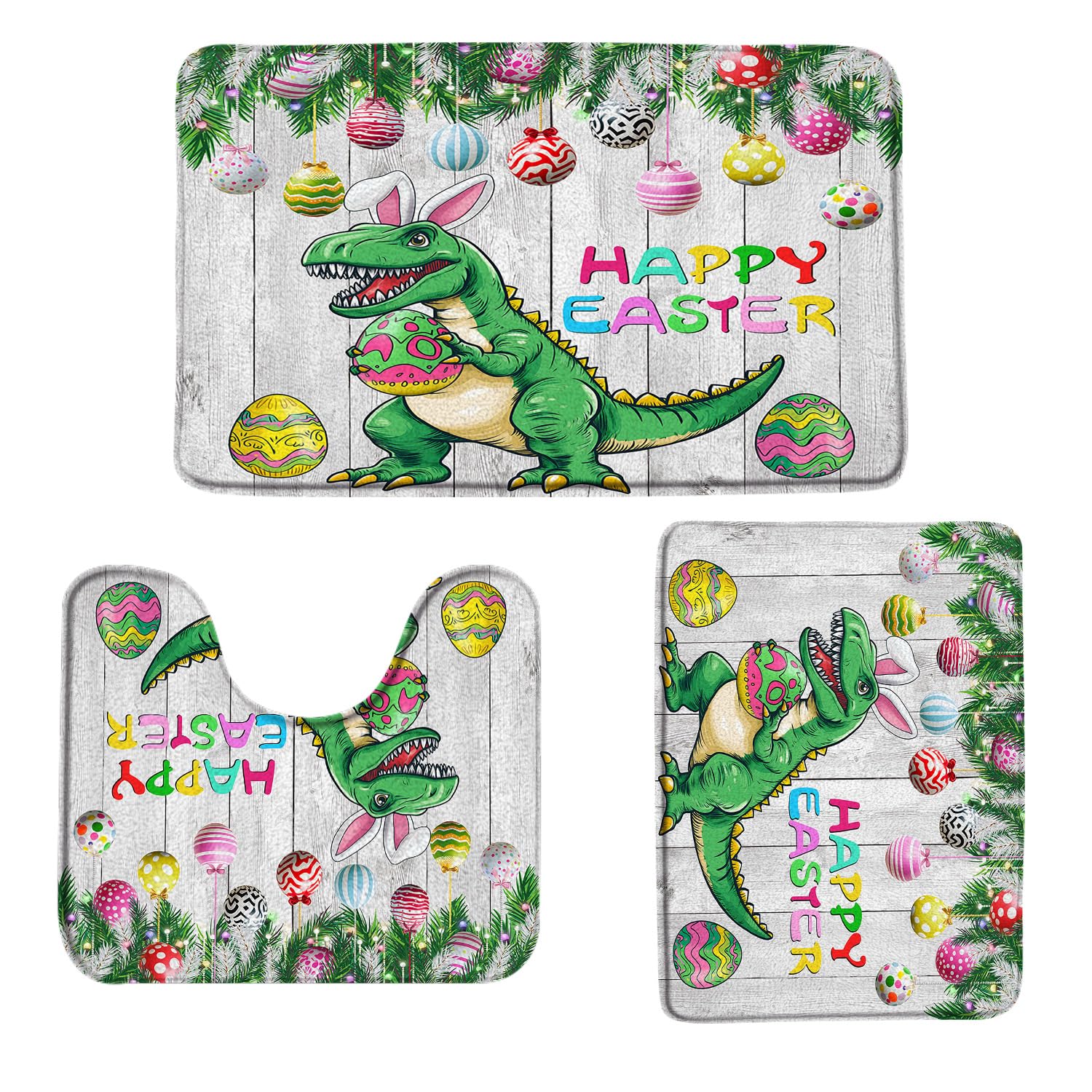 ZZYSKS 3 Piece Set Easter Bath Mat Funny Dinosaur with Colorful Eggs Farmhouse Festival Rustic Wood Board Vintage Bathroom Rugs Toilet Bedroom Laundry