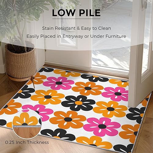Miniatura 7 de 5x7 Retro Flower Rugs for Bedroom Decor, Washable 70s 80s Floral Pattern Area Rug, Living Room Home Decoration, Non Slip Soft Thin, Mid Century
