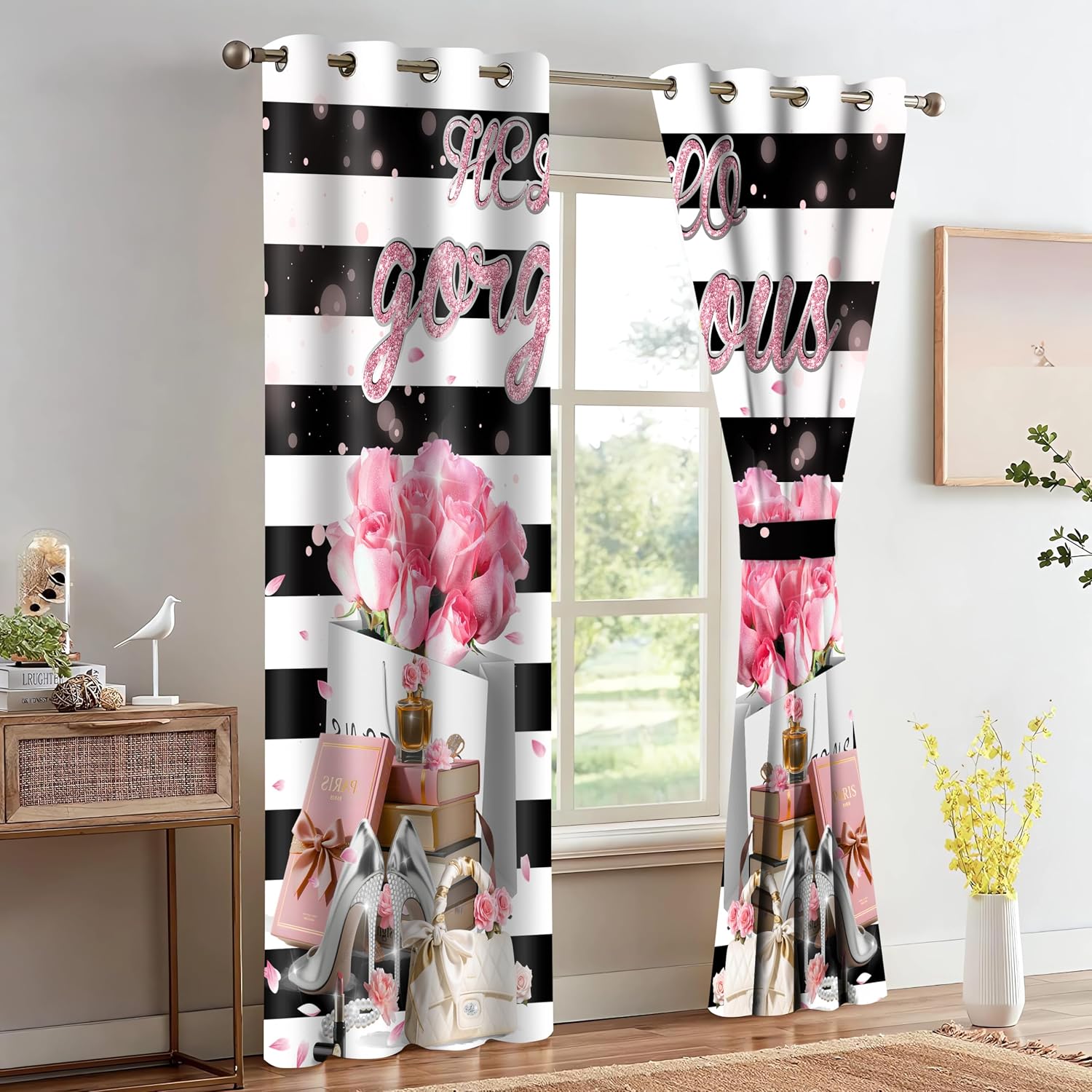 Pink Rose Black White Striped Curtains,Romantic Pink Flower Petals Blackout Curtain,5284inch Fashion Gift Bag Book Perfumery Lipstick Drapes for Women Bedroom Living Room 2Panel HI011DX image 5