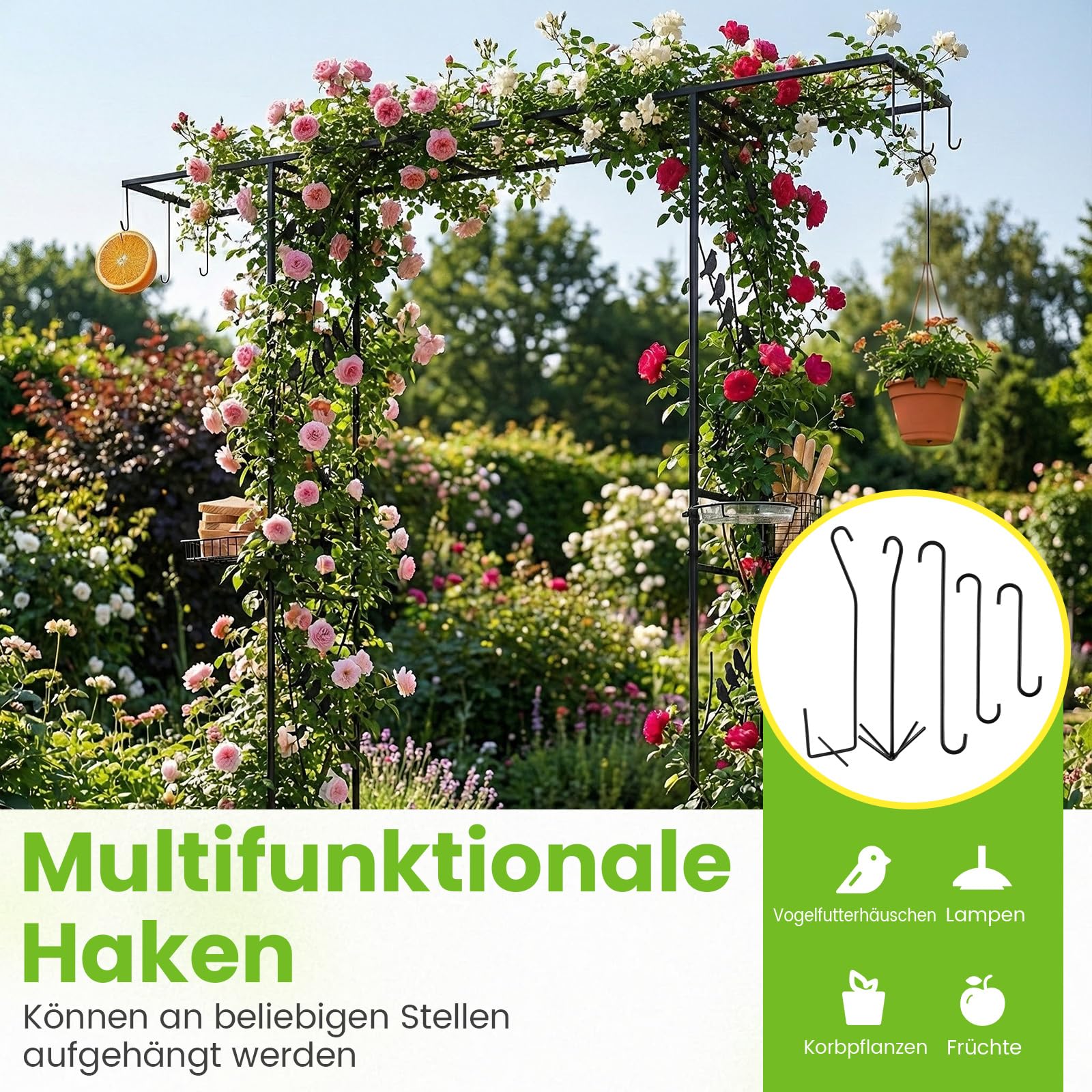 RELAX4LIFE Rosenbogen Metall, Gartenbogen mit Vogelfutterstation, Rosengitter für Kletterpflanzen & Wilder Vögel, Torbogen mit Wasserschale, Netzkorb, Haken, Garten Spalier, 212 x 40 x 213 cm, Schwarz
