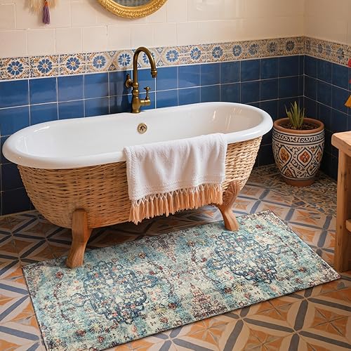 Miniatura 127 de Lahome Alfombra bohemia con medallón floral de 3 x 5 pies, suave, impresa, para baño, cocina, entrada, vestíbulo, vintage, antideslizante, lavable