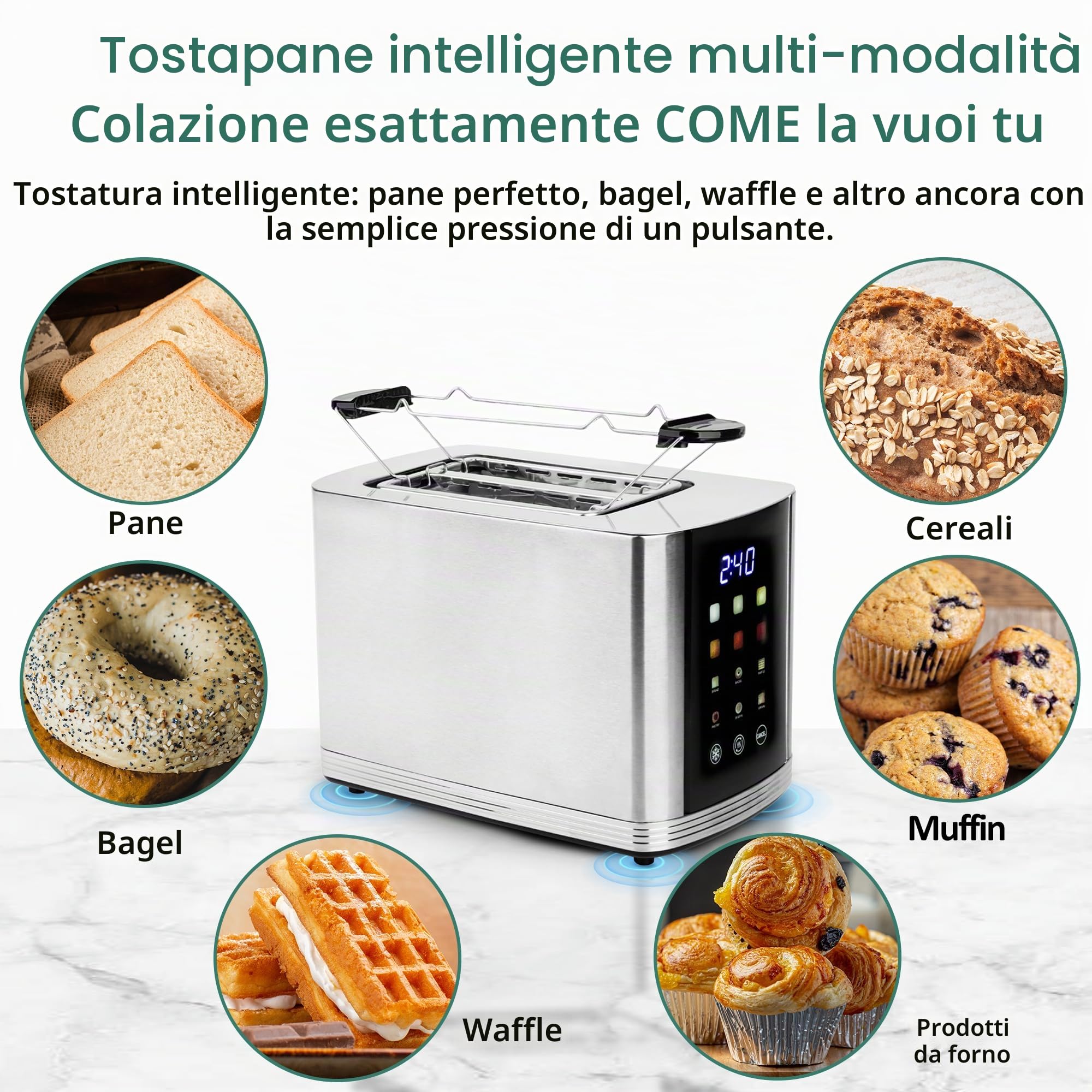 EMERIO Tostapane in acciaio inox con grande display a colori, touch, 2 fessure per tostapane, centraggio automatico, cassetto raccoglibriciole, scongelamento, riscaldamento, 6 livelli di doratura, 800