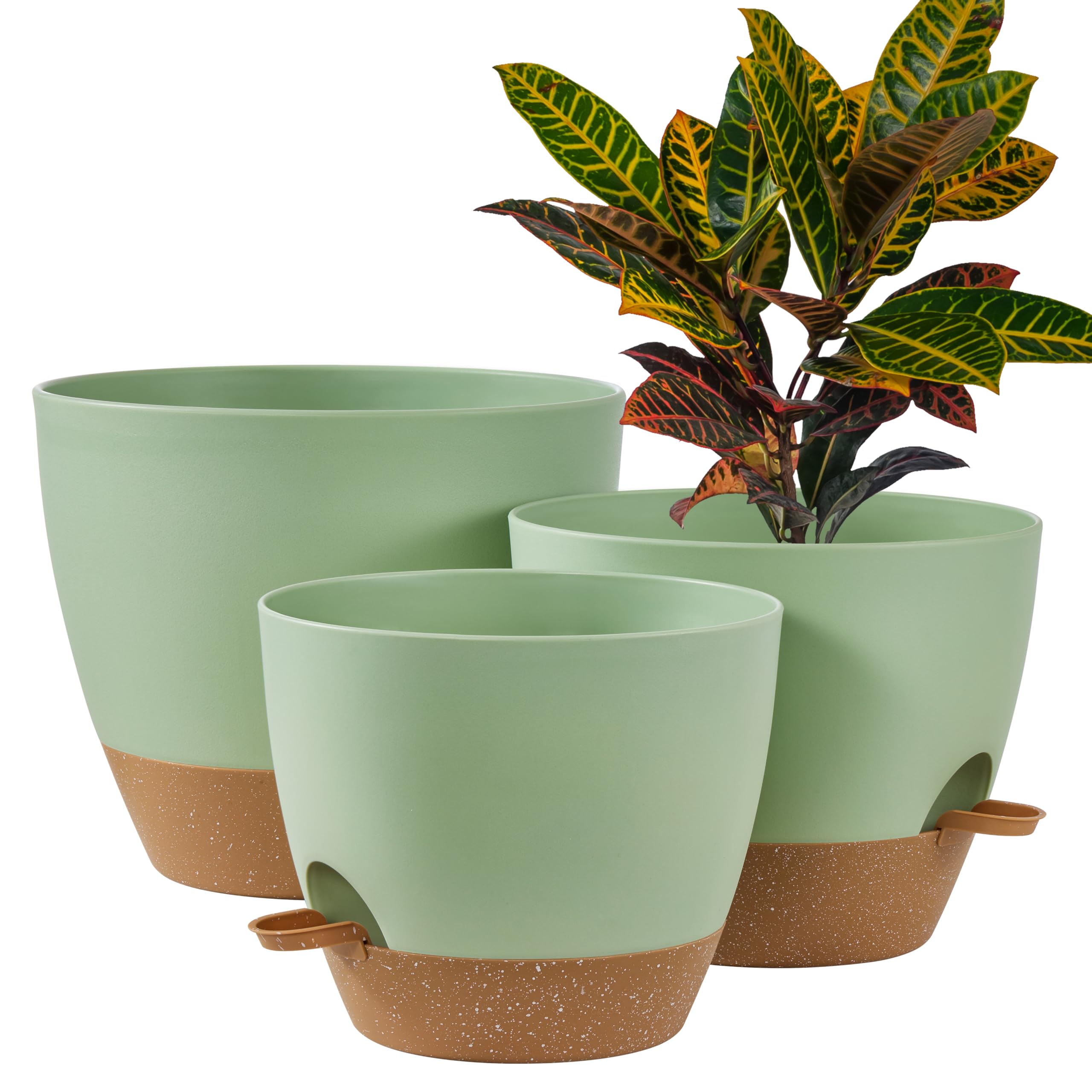 FaithLand 3-Pack Large Planter Pots, 12 10 9 Inch Self Watering Flower Pots for Indoor Outdoor Garden Plants, Green with Brown