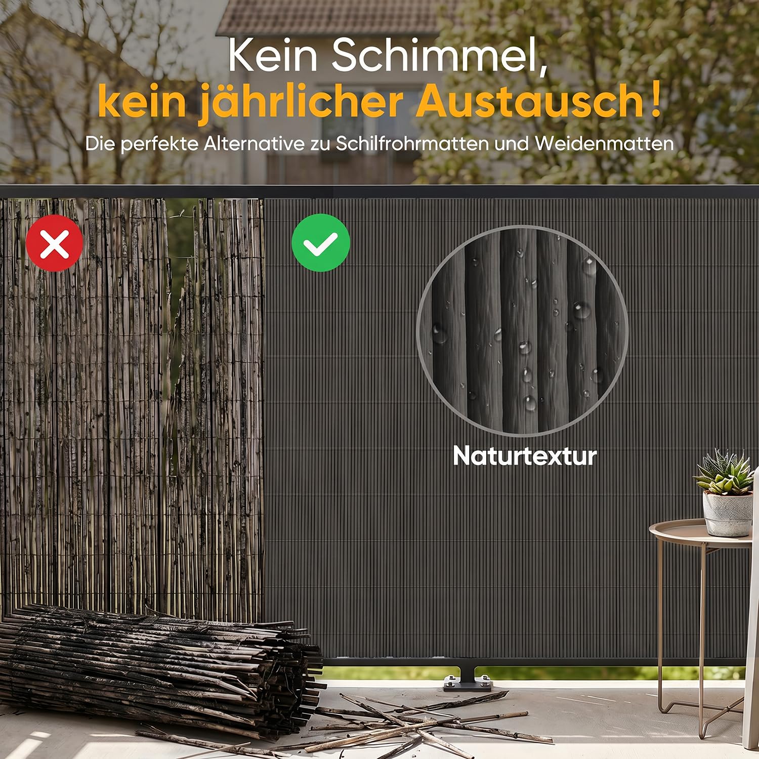 Sekey Balkon Sichtschutz Natürliche Optik 90x300cm, Sichtschutzmatte mit Kabelbindern, Sichtschutzzaun Windschutz Wasserdicht Schimmelfrei Ohne Bohren für Balkon Garten, Holz-Optik, Dunkelgrau