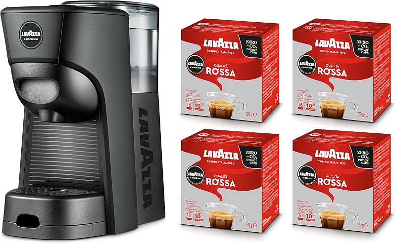 Lavazza, A Modo Mio Tiny Eco Black Coffee Machine with 64 Red Quality Capsules Included, Recycled Plastic Espresso Machine, 1450W, 220-240V, 50/60Hz, 0.6 Litre