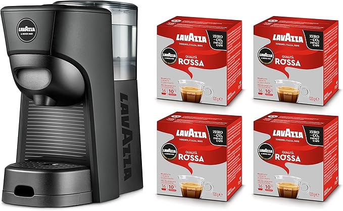 Lavazza, A Modo Mio Tiny Eco Black Kaffeemaschine mit 64 Kapseln roter Qualität inklusive, Espressomaschine aus recyceltem Kunststoff, 1450 W, 220-240 V, 50/60 Hz, 0,6 Liter