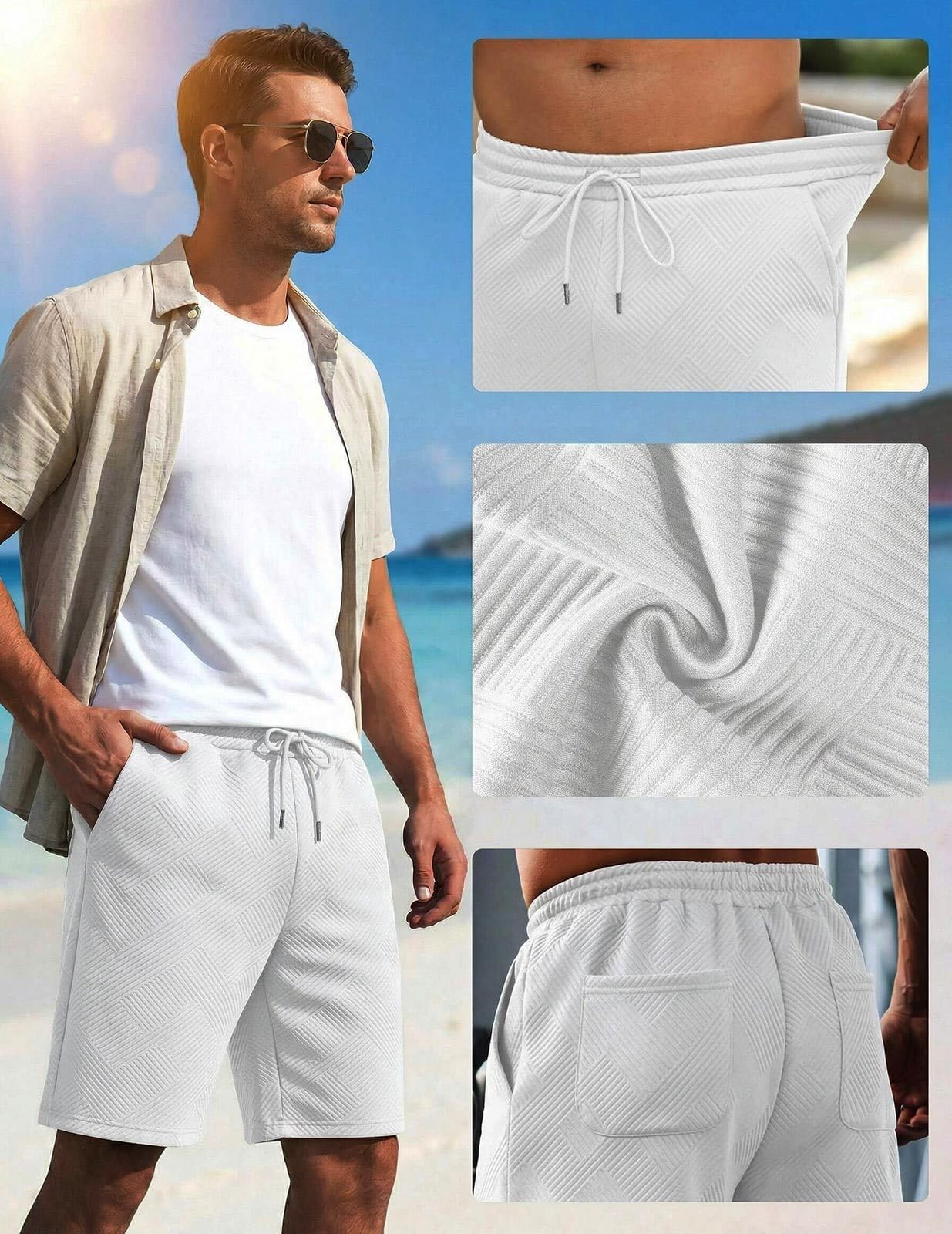 Halfword Pantalones Cortos Hombre Shorts Casual Tejido hasta la Rodilla Textura Gruesos Verano Cintura Elástica Bermudas Casa - 2