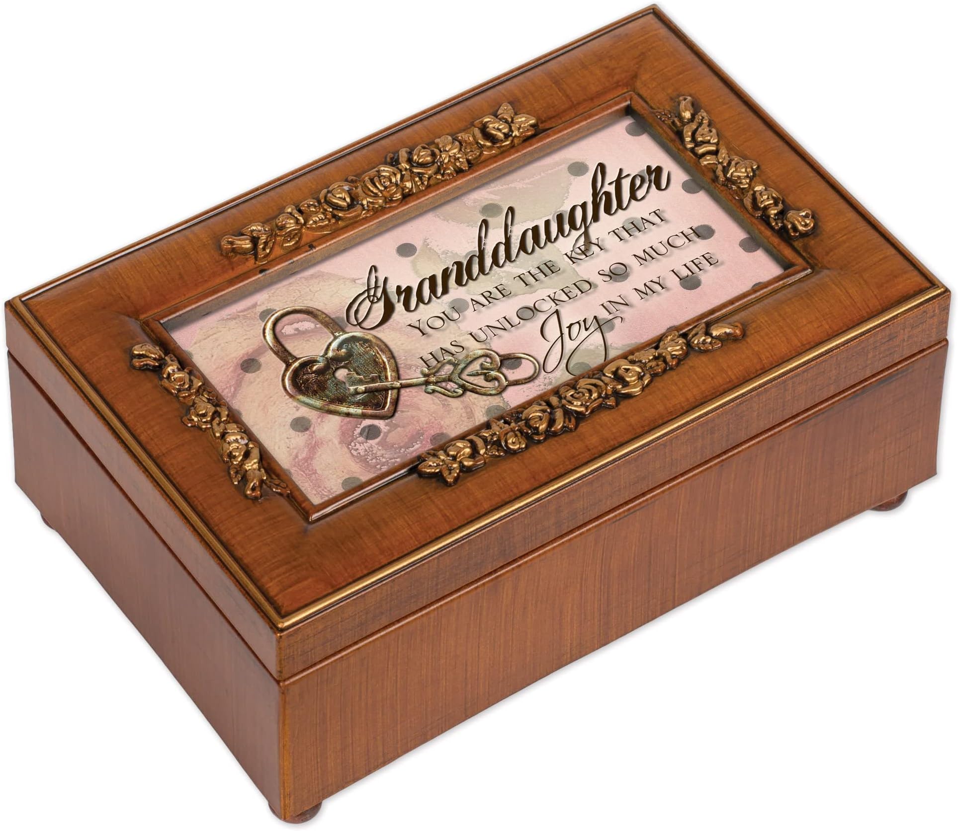 Cottage Garden Granddaughter Key Woodgrain Embossed Petite Rose Music Box Plays You Light Up My Life