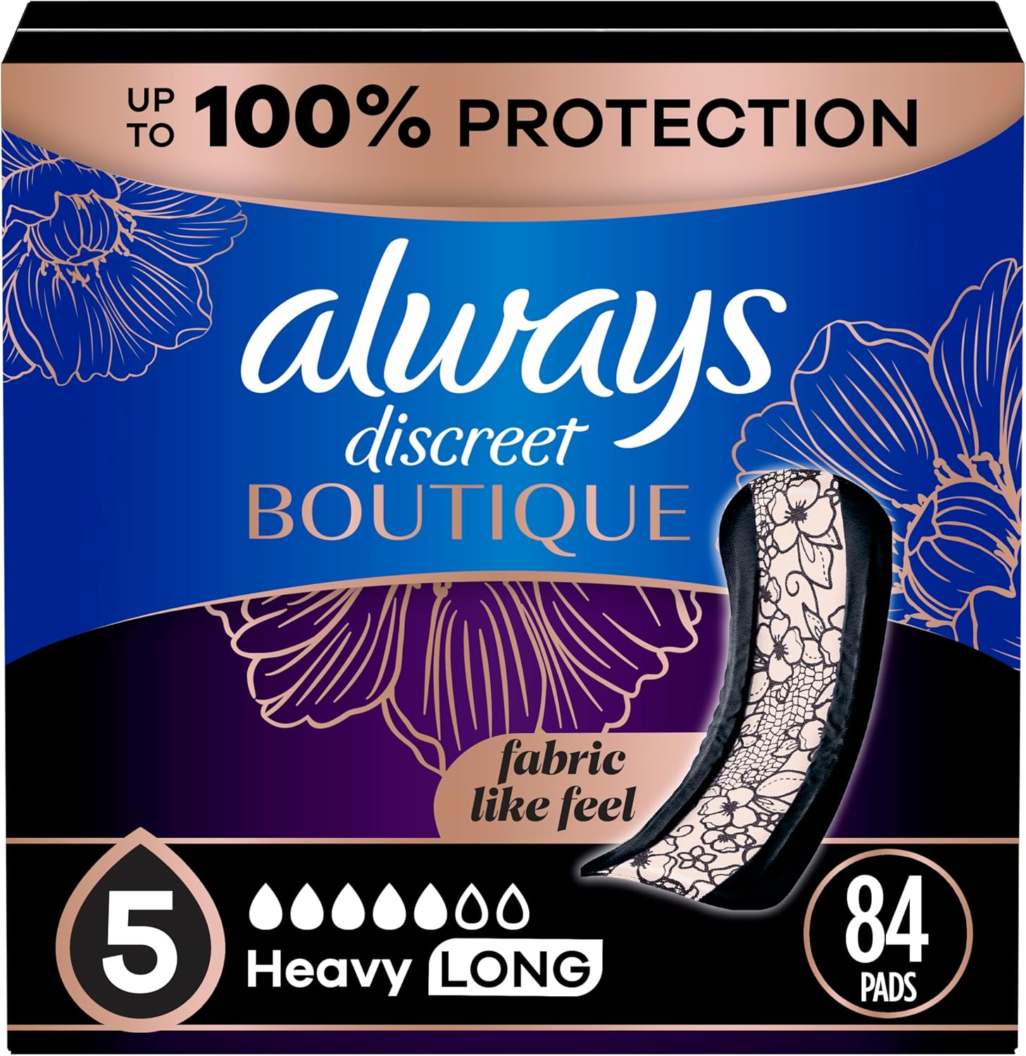 Always Discreet Boutique Adult Incontinence & Postpartum Pads For Women, Size 5, Heavy Long Abondant longues, 28 Count x 3 Packs (84 Count total) (Packaging May Vary)