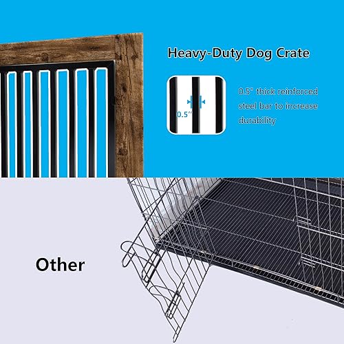 Miniatura 5 de Jaula para perros con muebles de color marrón rústico, jaula de madera y metal, mesa auxiliar de casa para mascotas con cajón y diseño extraíble,