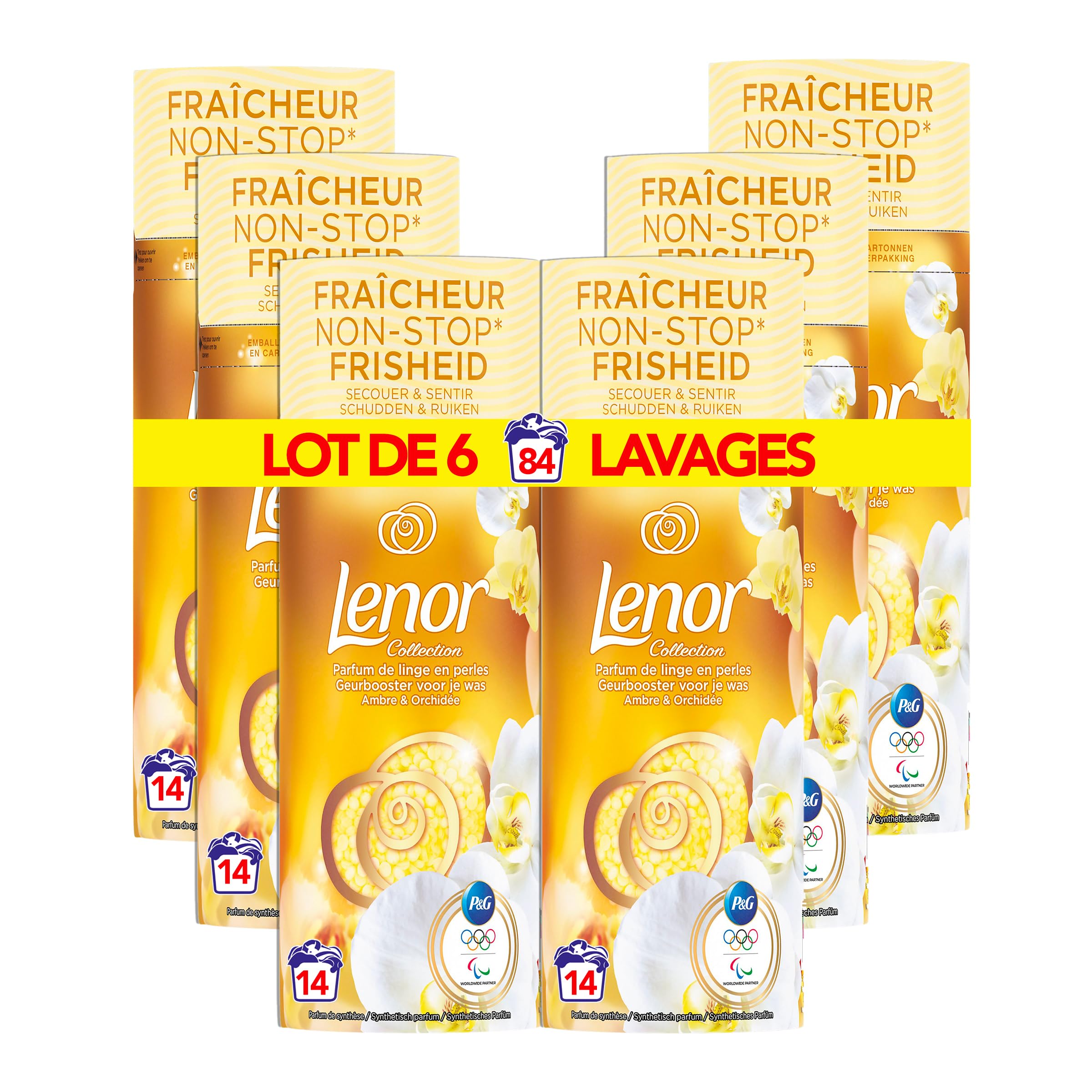 Lenor Profumo per Bucato Perle Detersivo, 84 lavaggi (165 g x 6), Ambra e Orchidea, freschezza non-stop, Fino a 12 settimane di conservazione