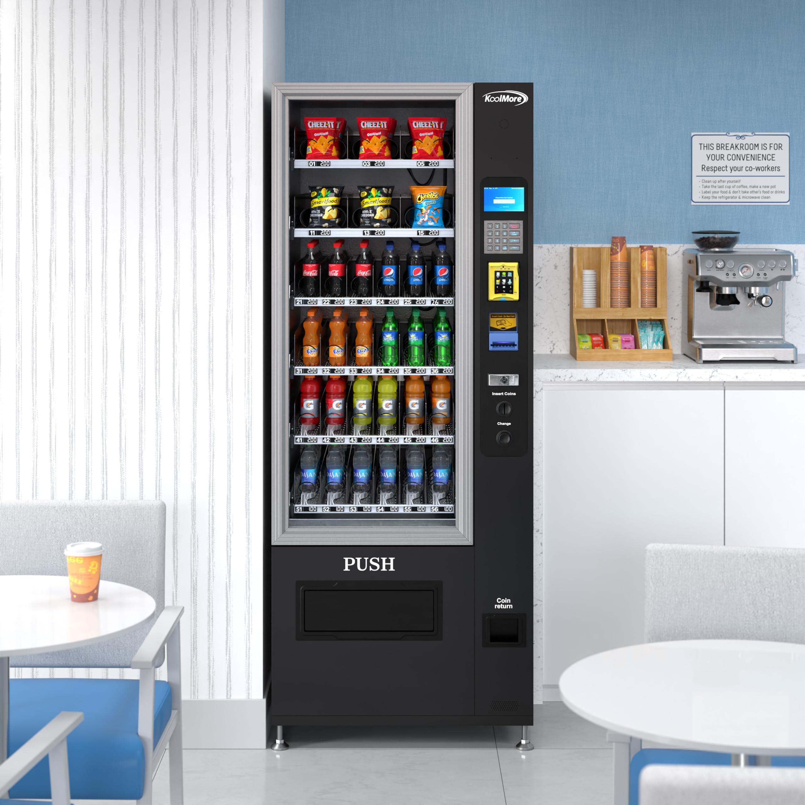 KoolMore KM-VMR-30-BR Snack Vending Machine Featuring Credit Card Reader and Bill Acceptor in Black, 36 Slots/Refrigerated