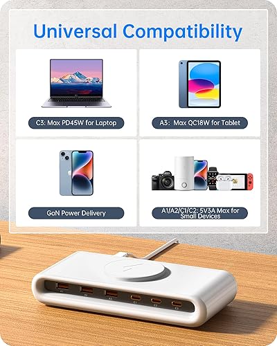 Miniatura 7 de Estación de carga USB C de 135 W, estación de carga USB inalámbrica magnética 7 en 1 con carga rápida PD 45 y cargador inalámbrico de 10 W para