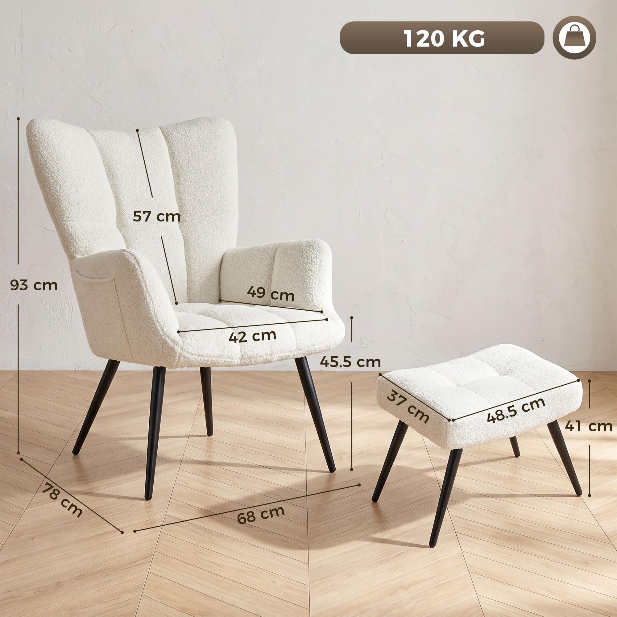 HOMCOM Poltrona con Poggiapiedi in Tessuto Teddy Morbido Traspirante Beige | Poltrocina Camera da Letto, Schienale Alto Trapuntato, Tasche Laterali, per Soggiorno Studio Camera da Letto