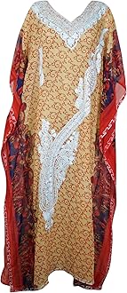 Cruise Kaftan Travel Dress, Womens Maxi Caftan Dresses, Orange Floral Embroidered Sheer Beach Coverup, L-4XL One Size