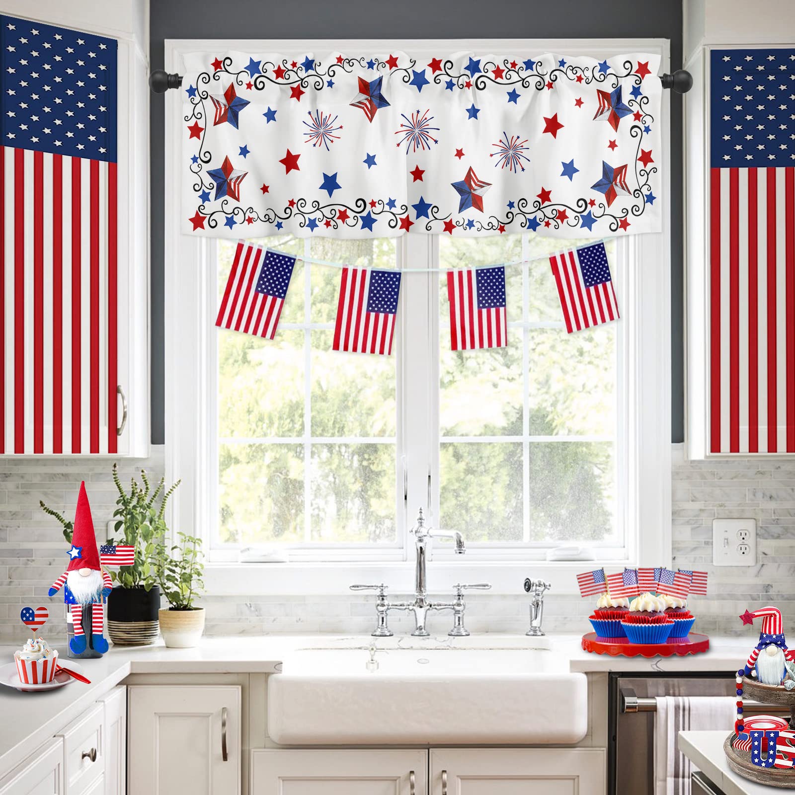 HELLOWINK 4th of July Stars Kitchen Valances for Windows Living Room, Patriotic Freedom Rod Pocket Valance Curtains Memorial Day Window Treatment for for Bedroom 54x18inch, 1 Panel, Washable