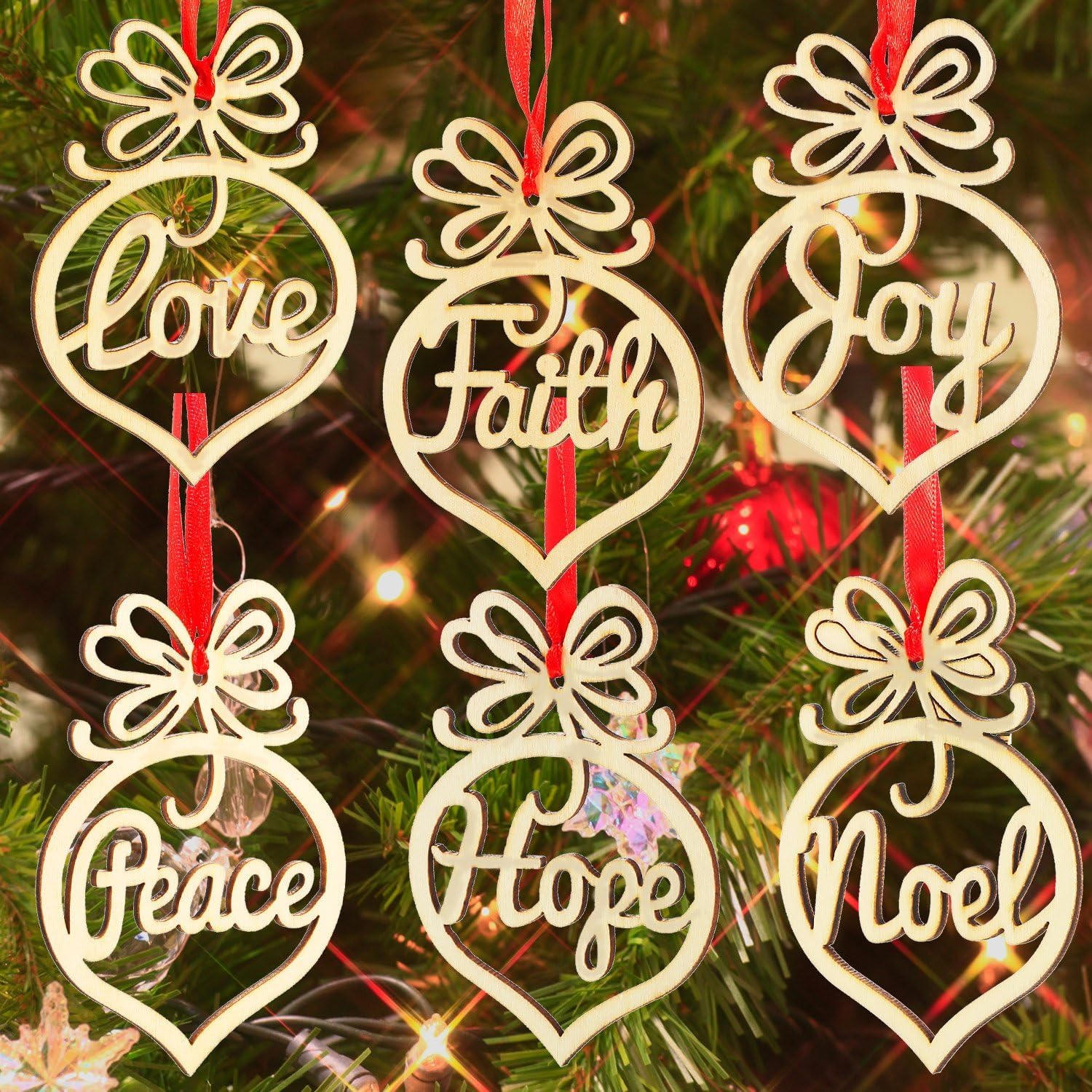 Healifty Light Brown 6Pcs Wooden Christmas Tree Decorations Ornaments Hanging Hollow Out Heart Peace Love Joy Faith Noel Hope Christmas Craft Embellishments
