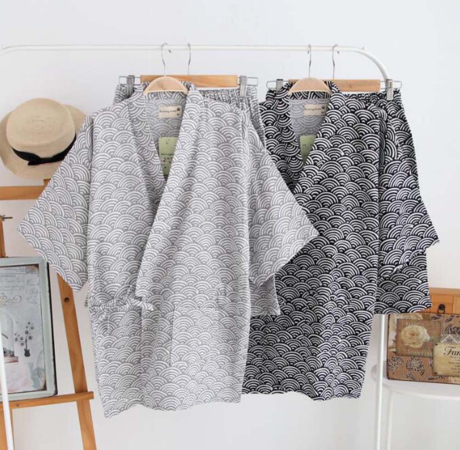 Kimono japonés para Hombre, Camisa y pantalón de algodón y Lino, Conjunto de Ropa de Descanso para SPA, Estilo 1, Multicolor, Talla única