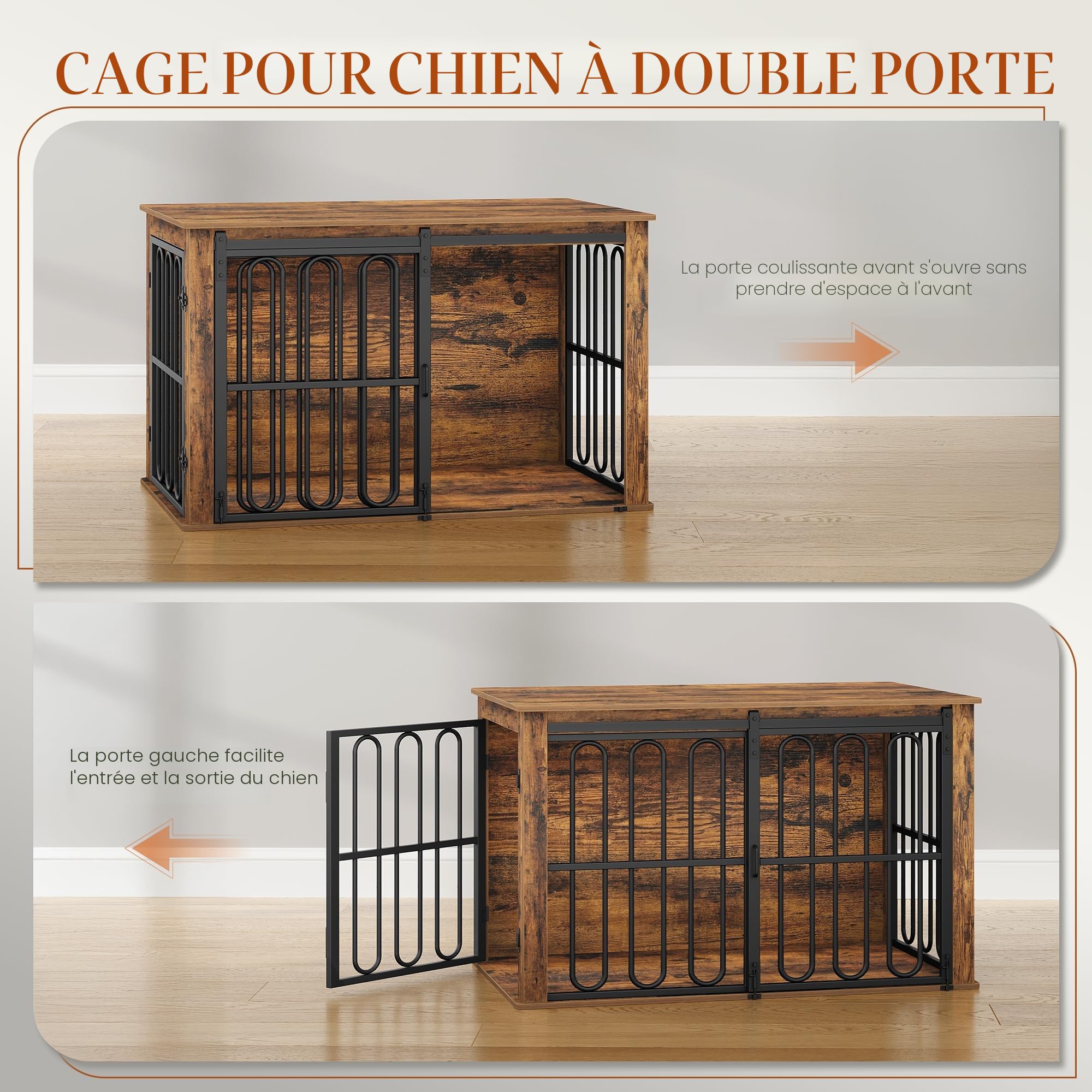 HEXCELEN Cage pour Chien avec Porte Coulissante, 2 Portes, Table d'appoint, pour Petits et Moyens Chiens, Marron, 100 x 60 x 62,4 cm