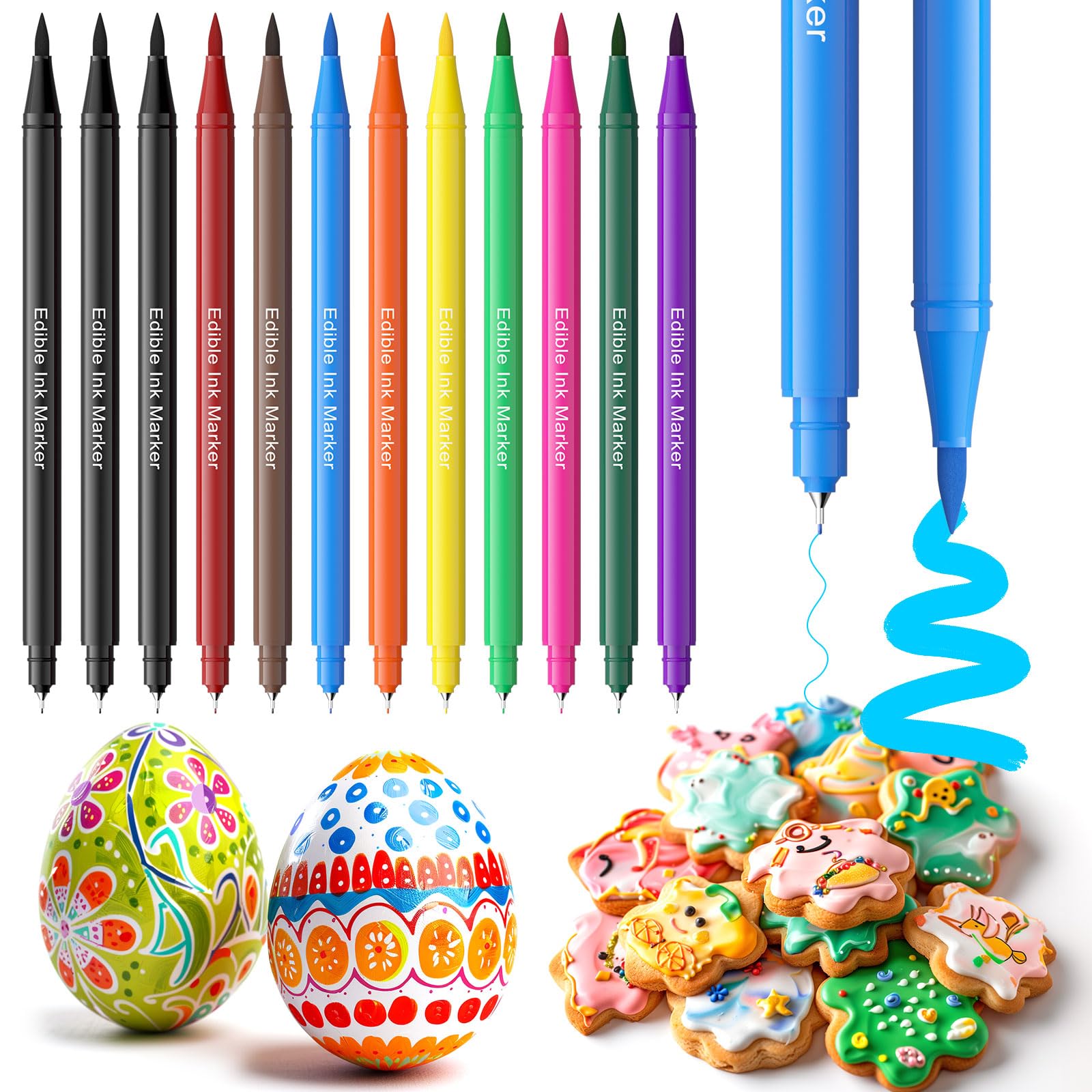 Jewem Biscuit Decorative Food Label, Upgraded with 12 Ultra Fine Tip (0.5mm) Food Coloring Pen, Double sided Food Grade Pen, Used for Decorating Cakes, Easter Eggs, Frostbands, Macaron+Children's