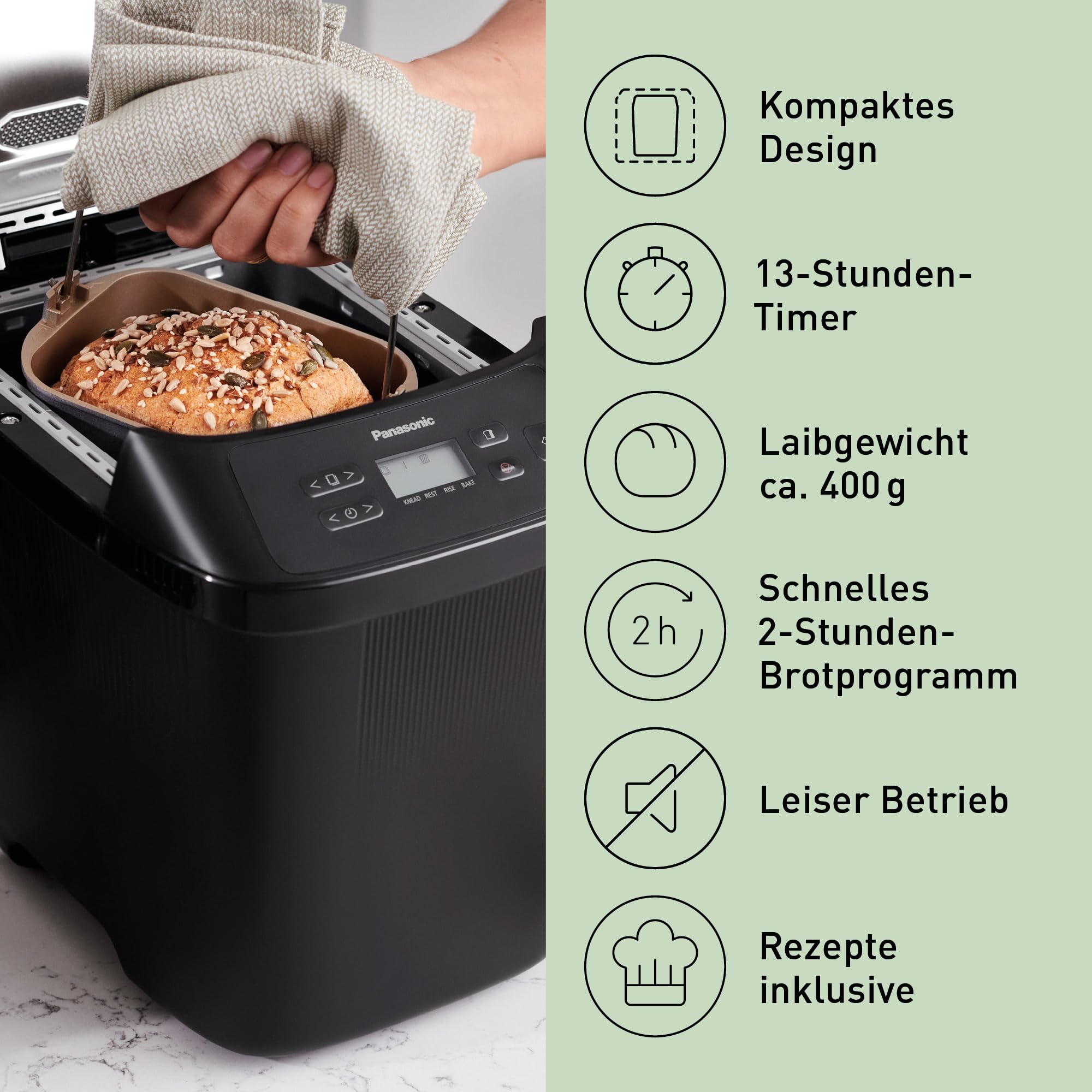 Panasonic SD-PN100KXE Mini Brotbackautomat - Kompakter Brotbackmaschine mit 18 Automatikprogrammen, Glutenfrei-Optionen, Dualen Temperatursensoren, Handwerkskunst-Knetsystem, Einfache Bedienung