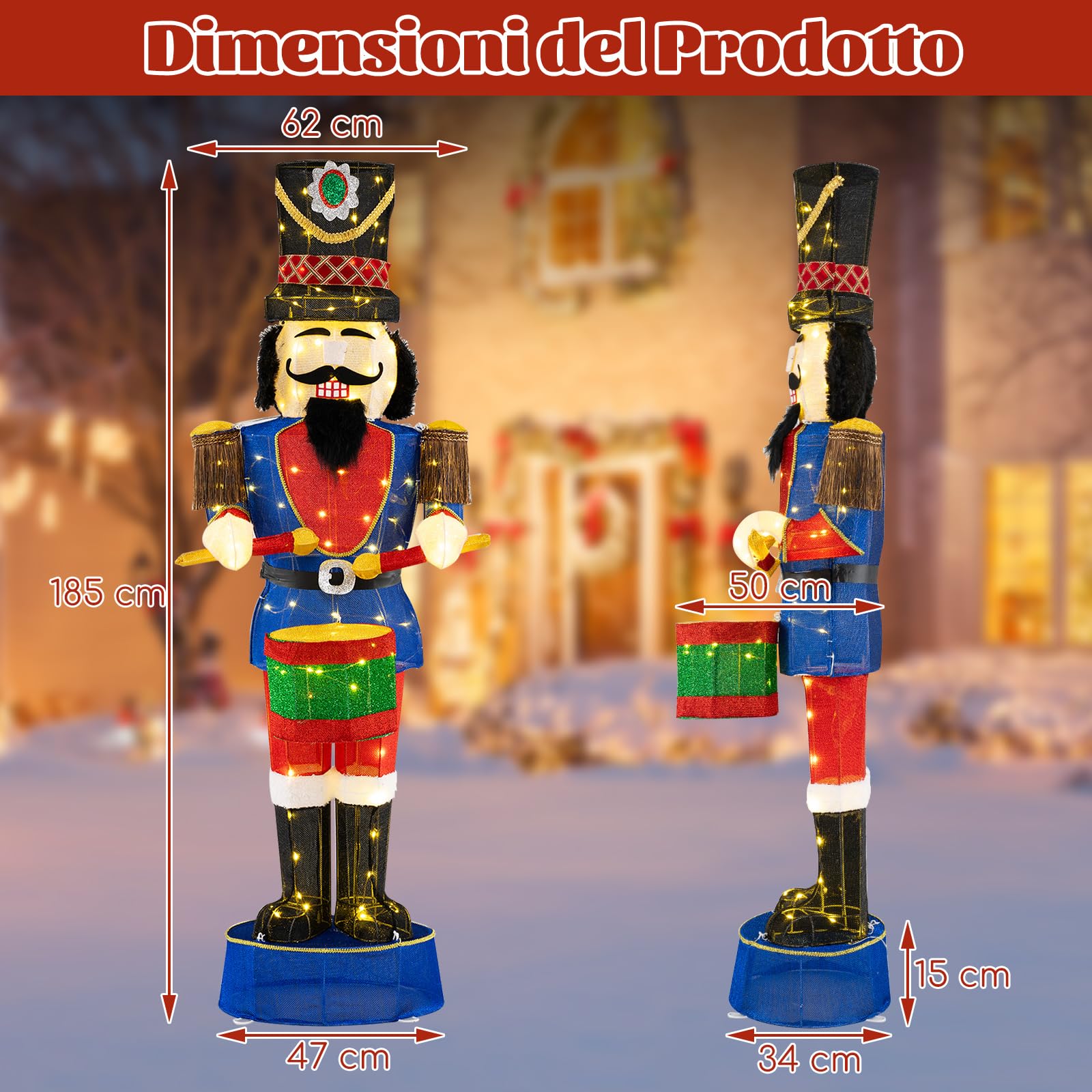COSTWAY Soldato di Natale Illuminato 185 cm, Soldatino Schiaccianoci Illuminato con 100 Luci LED, Decorazioni Natalizie per Interno ed Esterno (Modello 2)