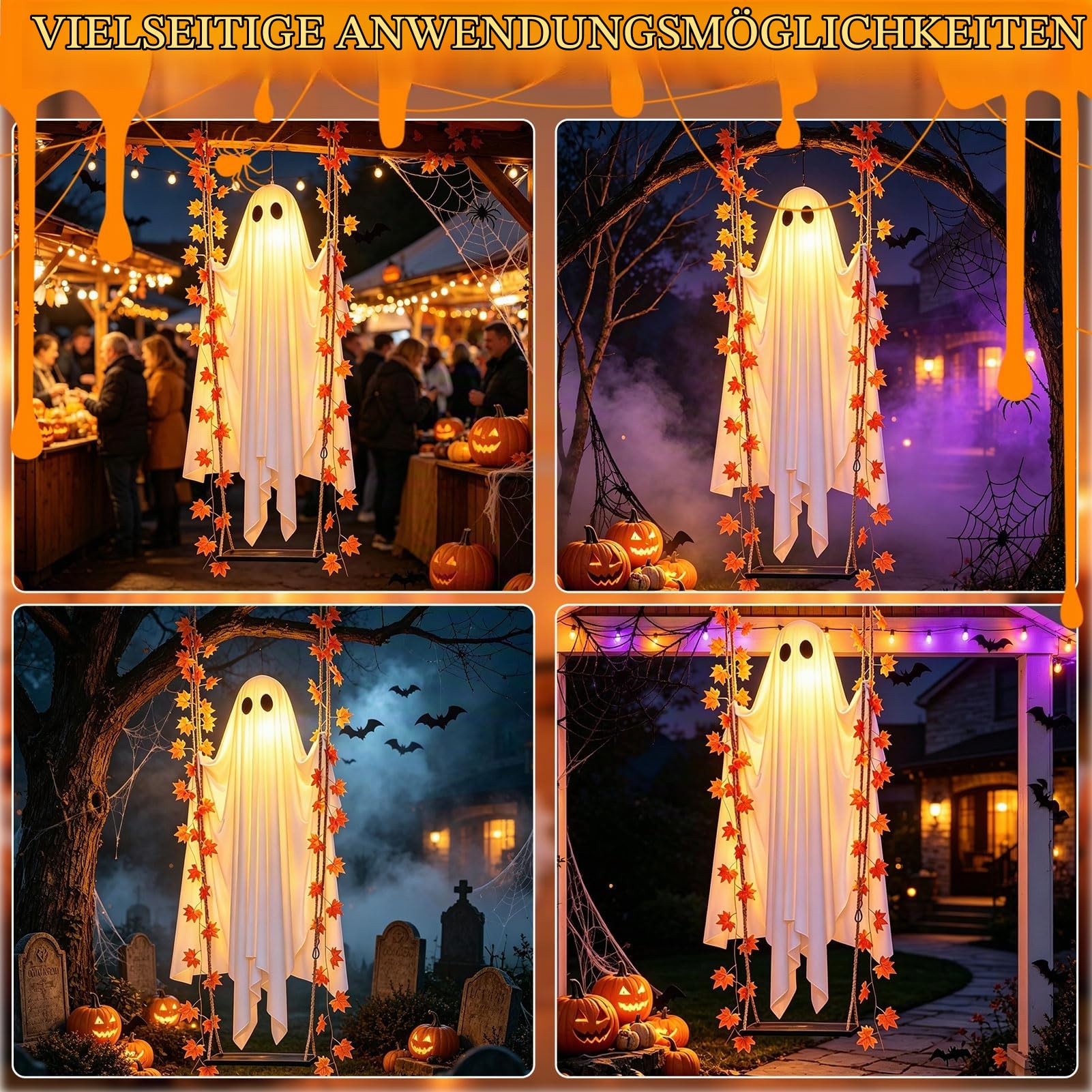 Halloween Deko Hängende LED Geist Schaukel Gespenst mit Ahornblatt (1.8m)