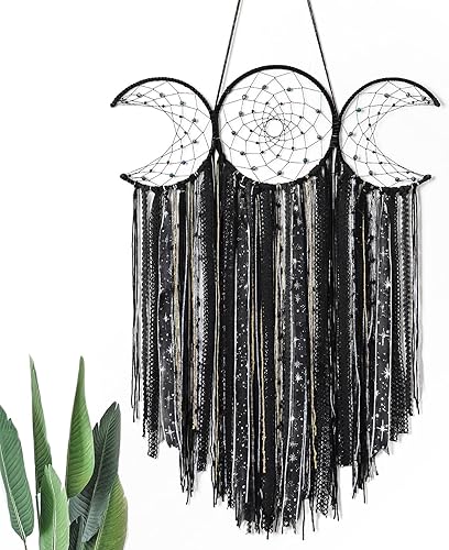 Dremisland Colgante de pared de macramé de triple luna negra, atrapasueños, bohemio, fase lunar wicca, hecho a mano, bohemio, hippie tejido, disponible en Yaxa Colombia