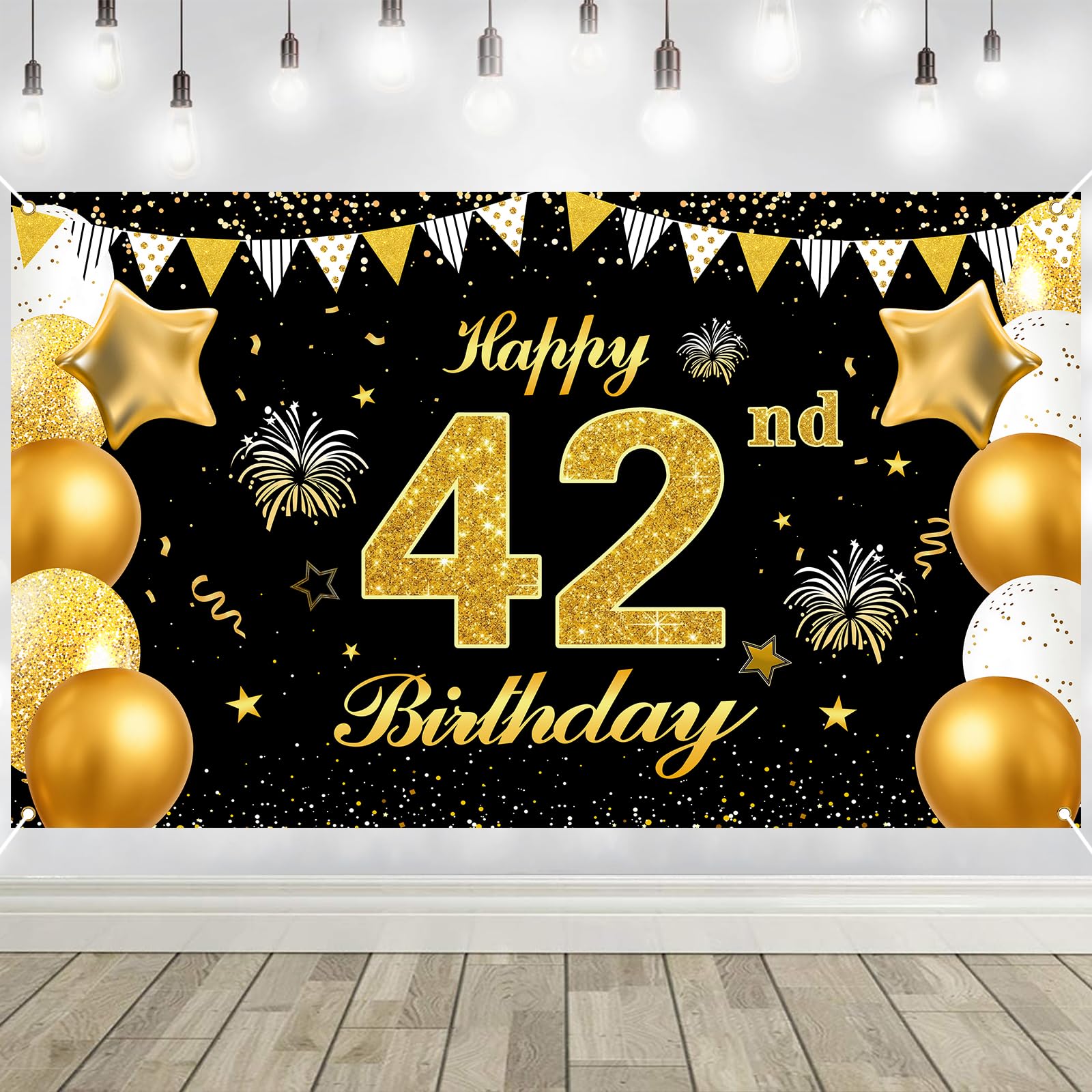 42nd Birthday Decorations Banner Gold Black Happy Birthday Door Banner for Party Photo Backdrop for Men Women Home Outdoor Cover Party Decoration Supplies Poster — image 1