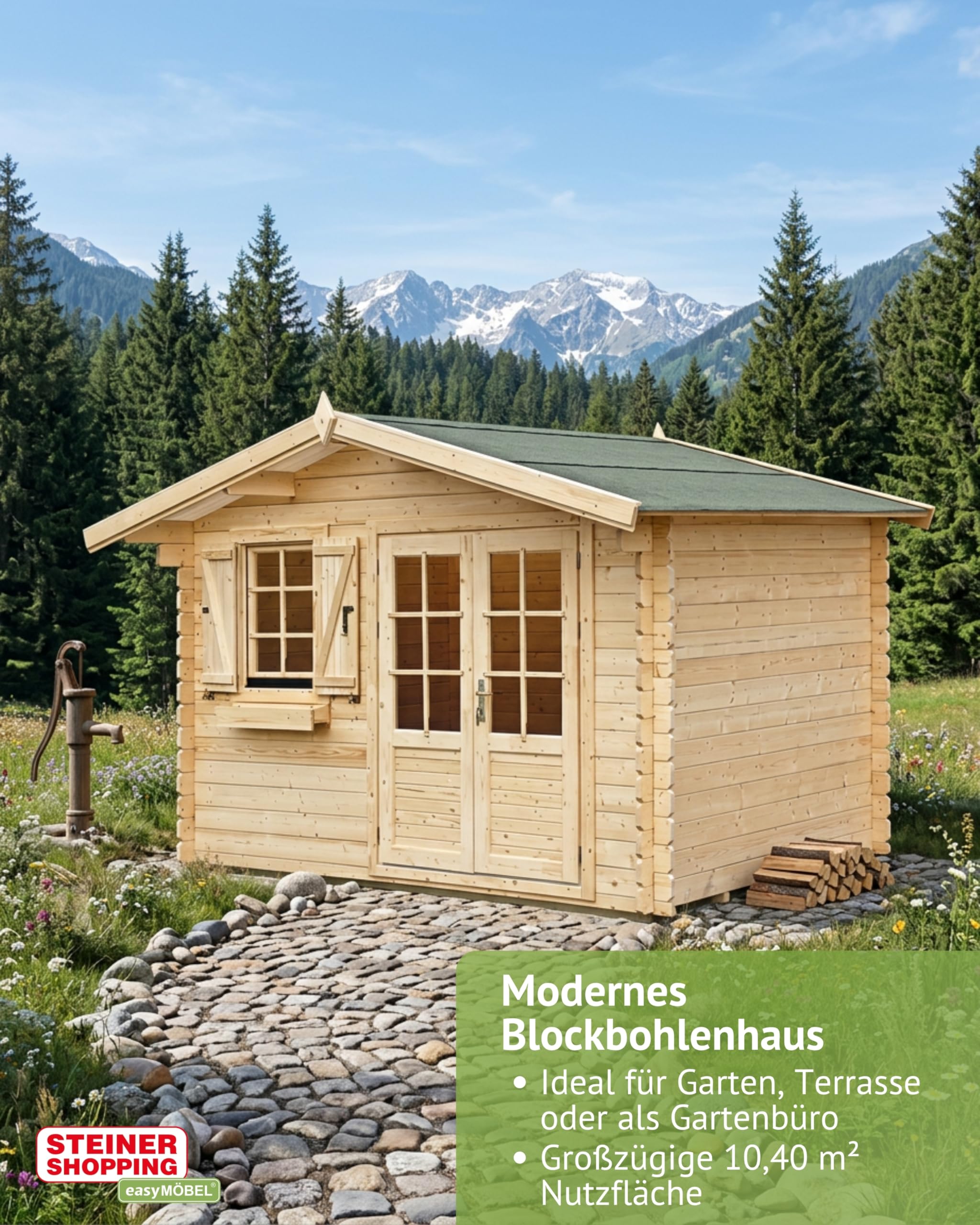 Gartenhaus PR9 - 34 mm Blockbohlenhaus, Grundfläche: 10,40 m², Satteldach