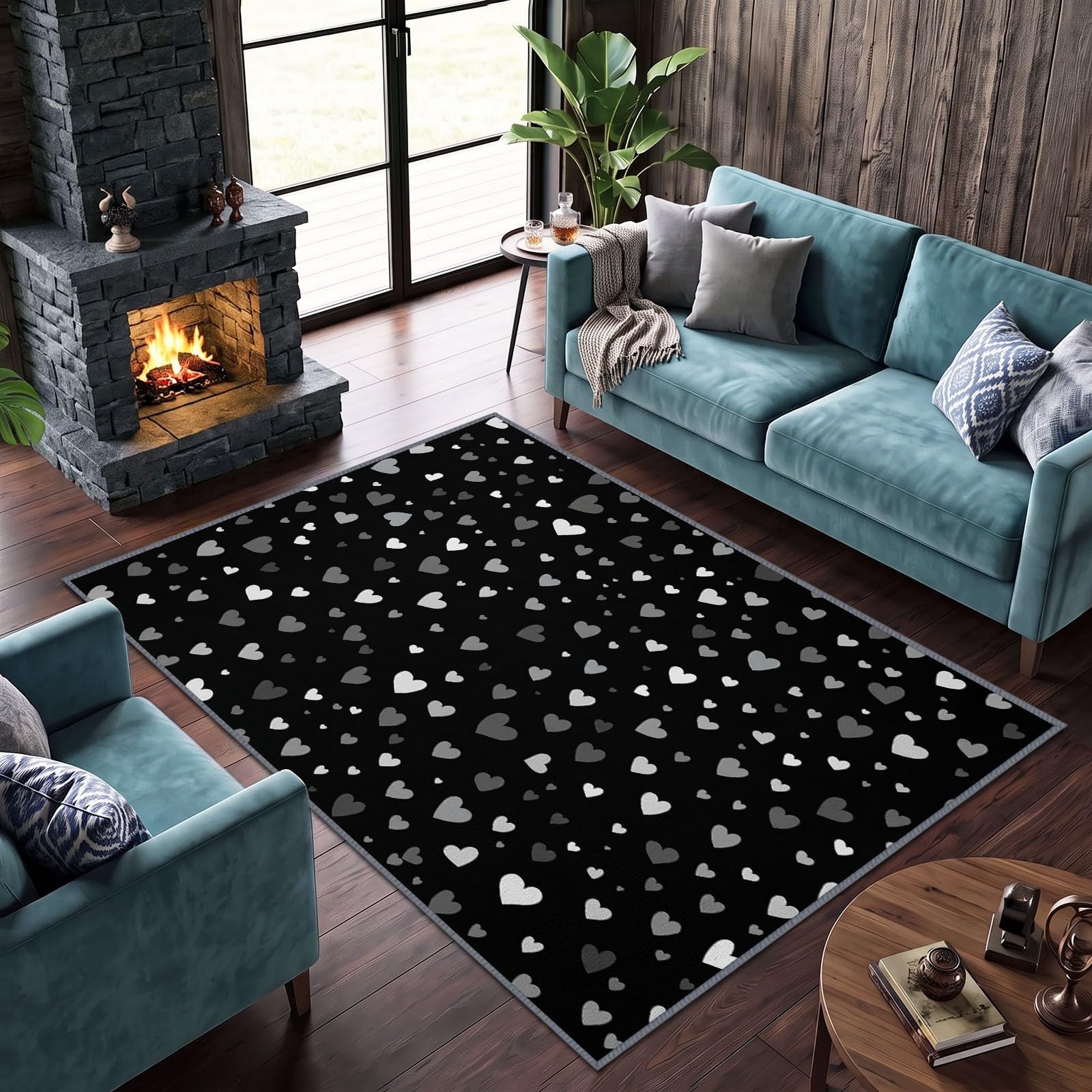 Tapis de Salon 140 x 200 cm Cœur Points Tapis de Chambre, Doux et Antidérapant Romantique Abstrait Lavable en Machine Paillasson pour Salon Cuisine Couloir et Décoration Maison