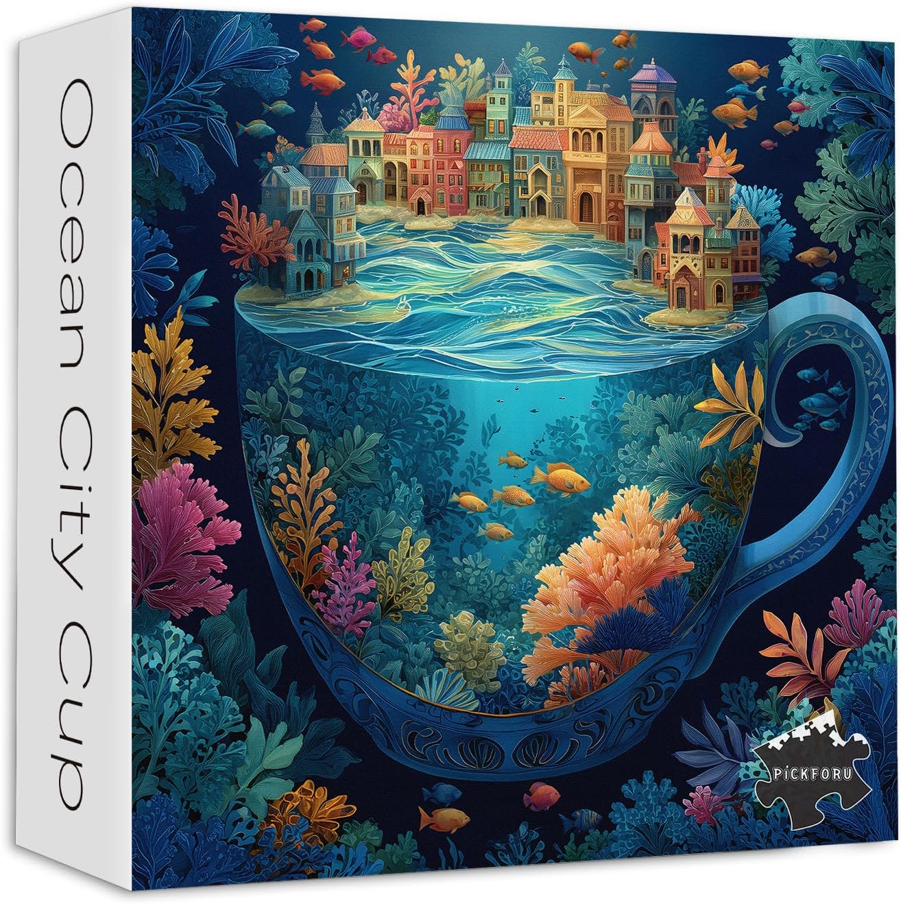 PICKFORU Ocean City for Adults 1000 Pieces, Colorful Fantasy Cup Jigsaw Puzzles Coral Fish, Difficult Challenging Sea Landscape Theme as House Decor