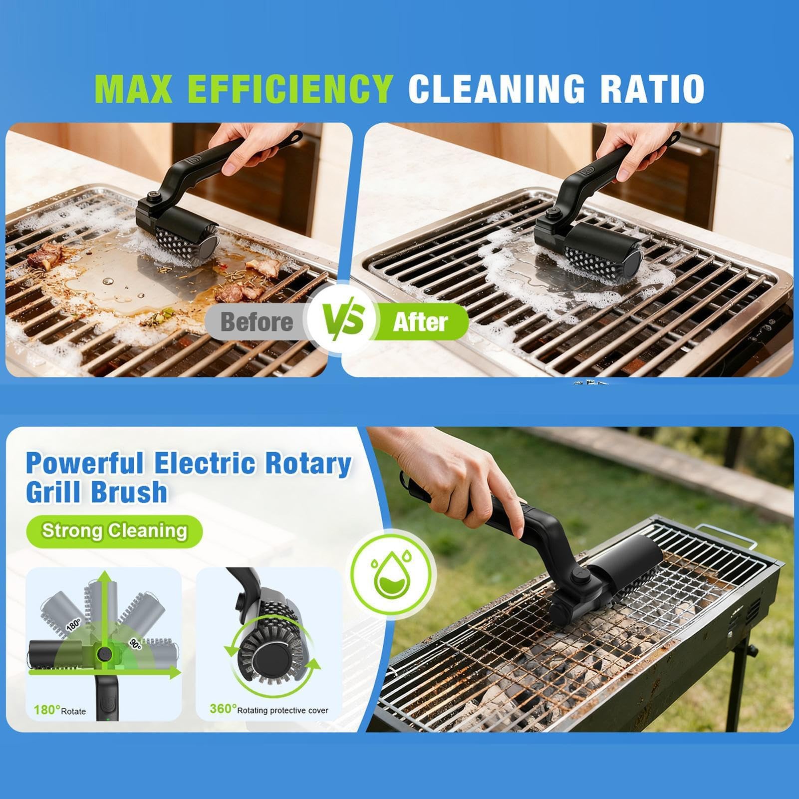 Pulitore elettrico senza fili per griglia, spazzola rotante ricaricabile a 3 velocità per barbecue, griglie per forno, giardino, roulotte e campeggio