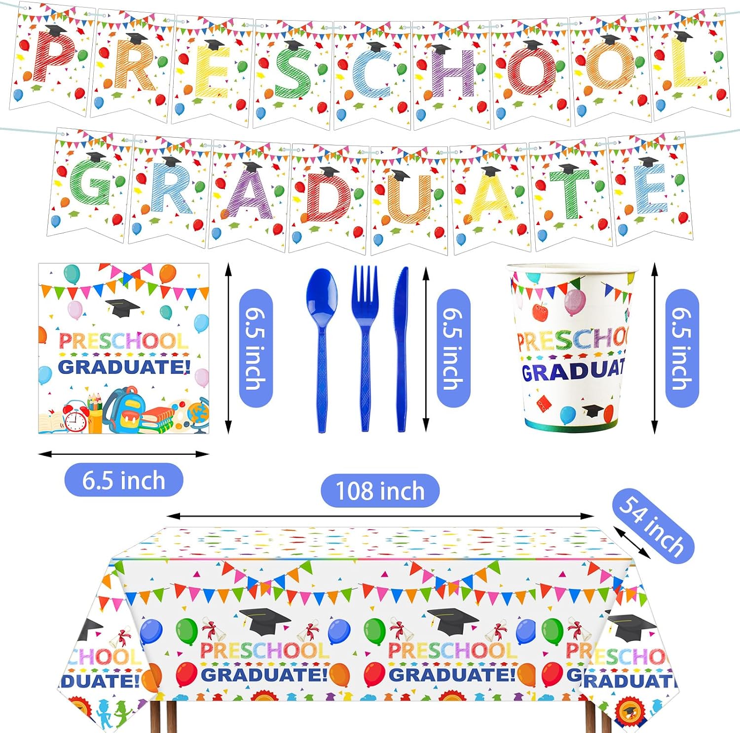 174 Pcs Preschool Graduation Decorations Class of 2026 Preschool Graduation Tableware Set Include Graduate Banner and Tablecloth for Kindergarten Graduate Party Supplies, Serve 24