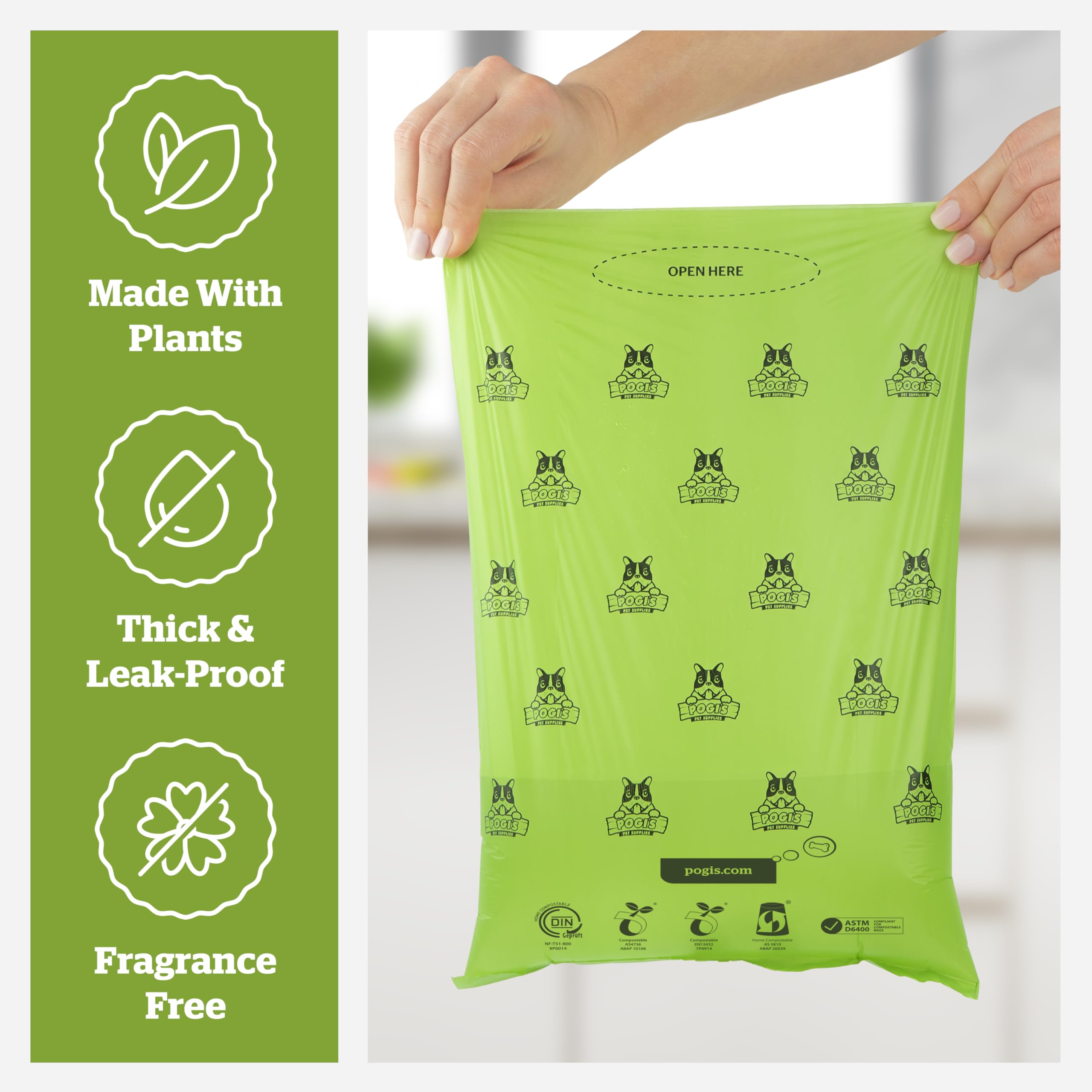 Pogi's Poop Bags - Bolsas Compostables para excremento de Perro - 32 Rollos (480 Bolsas) - Impermeable, Vegetal, Bolsas Compostables para Residuos de Perros con Certificación ASTM D6400, EN 13432