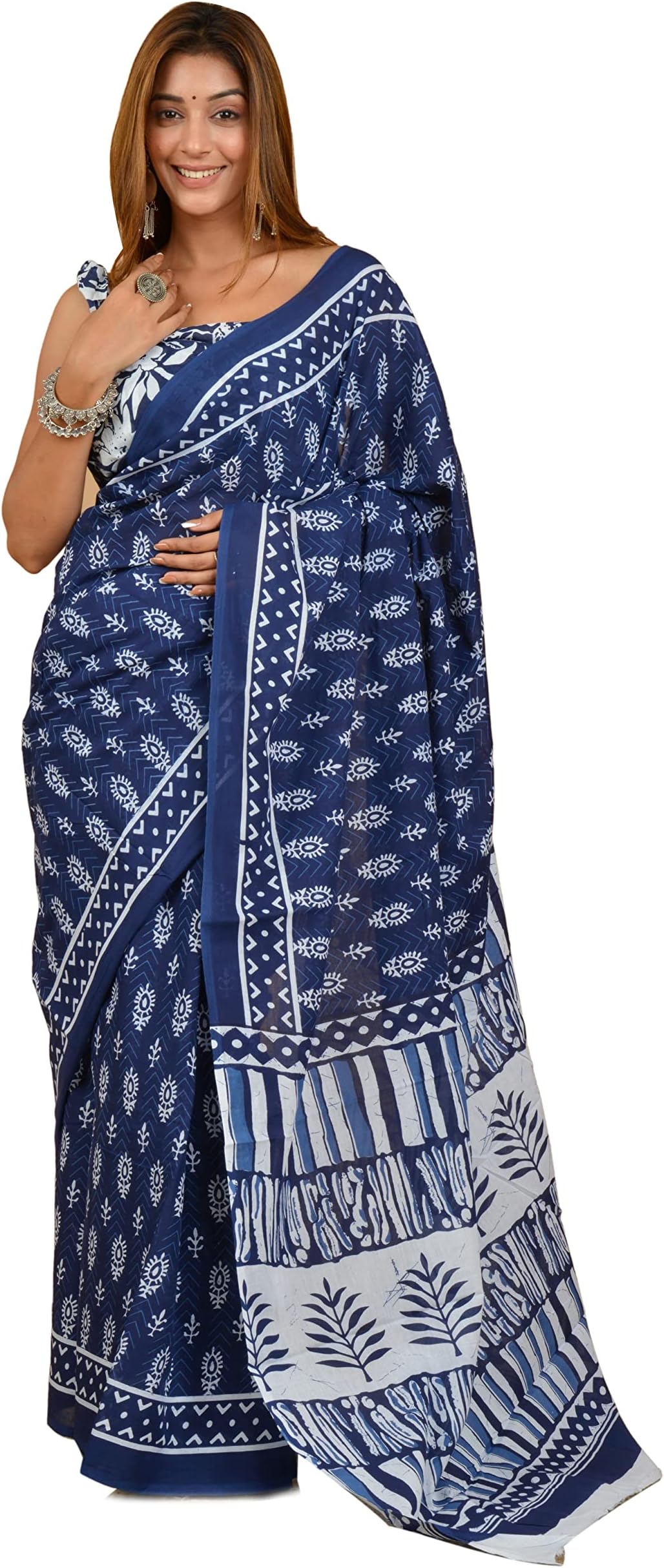 Shivanya Handicrafts Women's Hand Block Printed Cotton Mulmul Saree With Blouse Piece